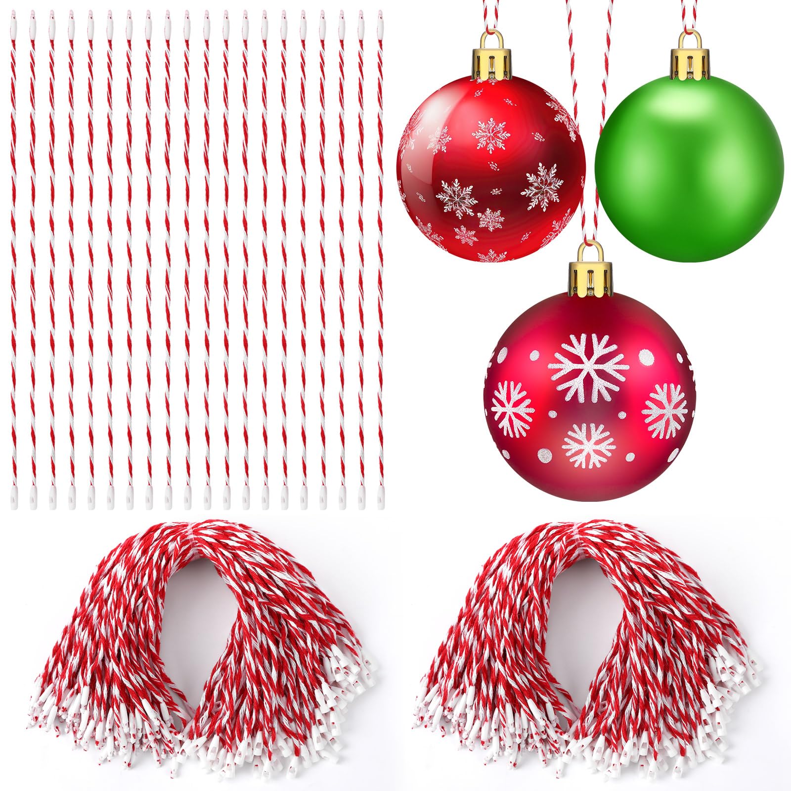 Jansun 500Pcs Christmas Ornament Hooks & Hangers with Snap, Red & White Twine String for Crafts & Tree Decorations