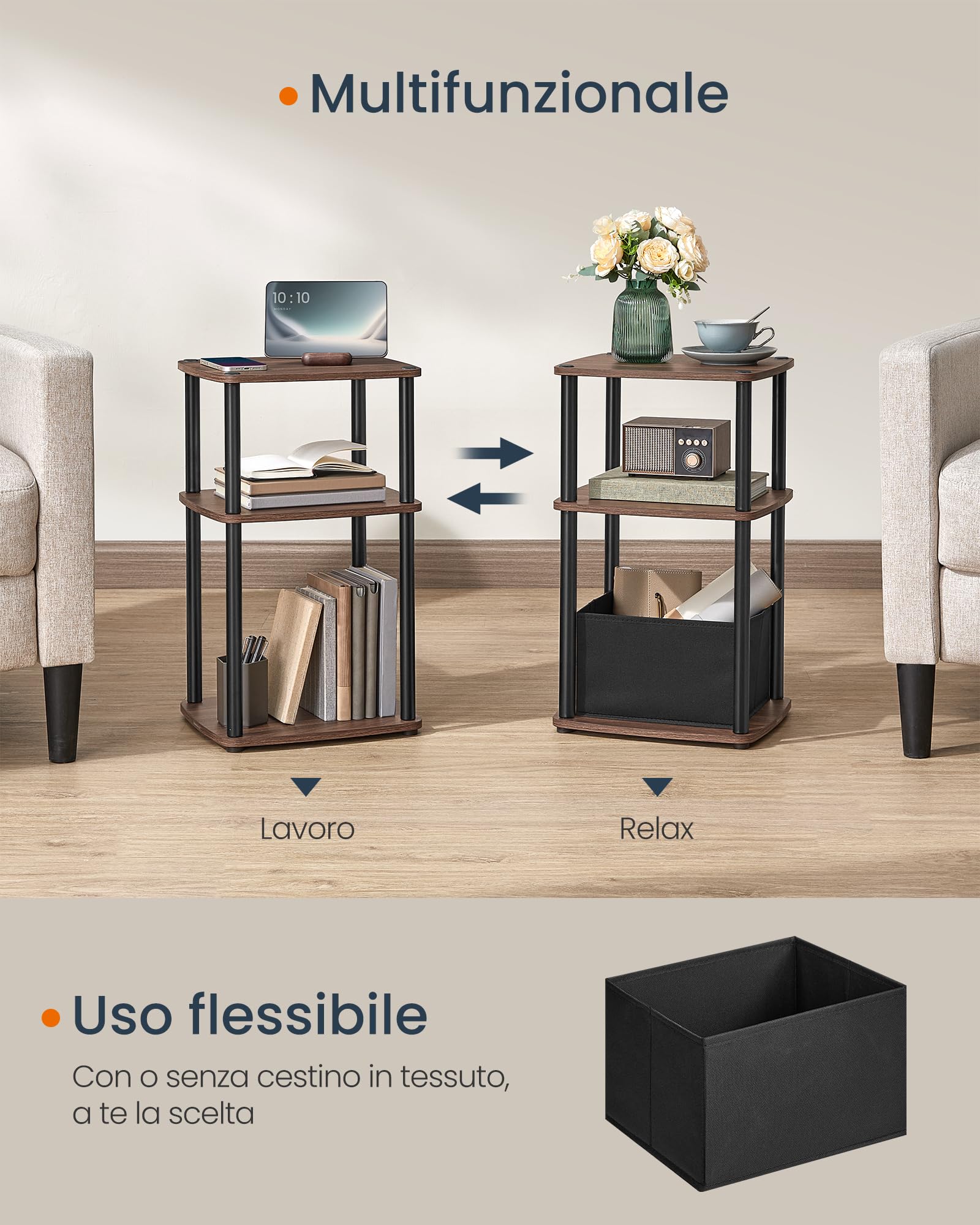 SONGMICS HOME Tavolino, Comodino, 3 Ripiani, Cestino in Tessuto, per Camera da Letto, Soggiorno, Struttura in Acciaio, 30 x 34 x 58 cm, Moderno, Noce Naturale LET286K01