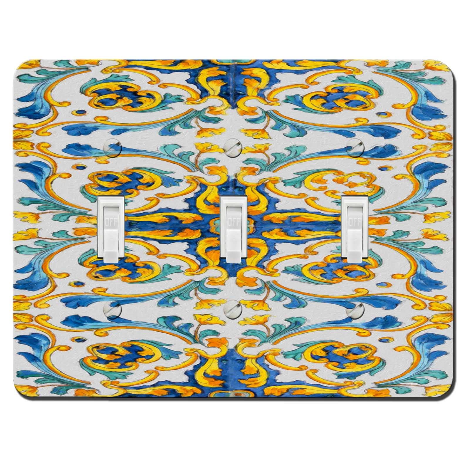 Decorative Switch Plate Covers - 3 Gang Switch Plate - Toggle Switch Cover - with Colormatch Switch Plate Screws - Italian Tile Yellow Design