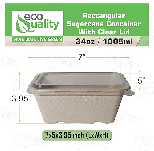 Miniatura 3 de EcoQuality Cuencos desechables de 34 onzas con tapas transparentes, cuencos rectangulares de papel biodegradable de fibra de caña de azúcar