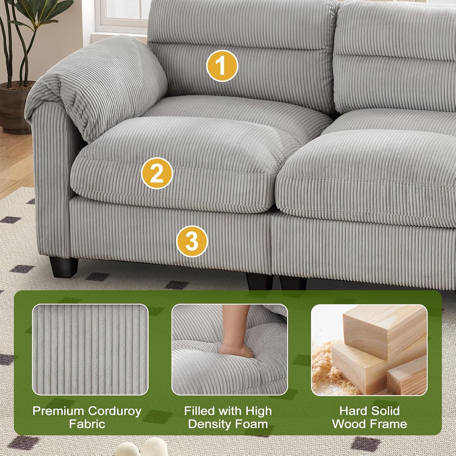 HAOMARKETS 135" Grey Corduroy L-Shaped Modular Sofa 10-Seater with 2 Ottomans Thick Cushions