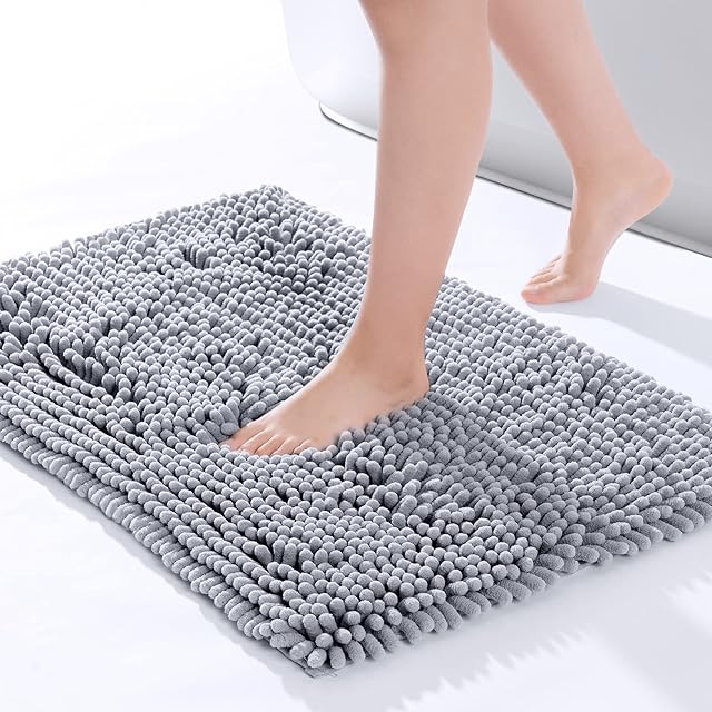 ROSMARUS Bath Mat Super absorbent Non-Slip Shaggy Chenille Bath Mat Soft Microfibers Bathroom Rug, Snuffle mat for dogs, 80x50cm, Light Grey