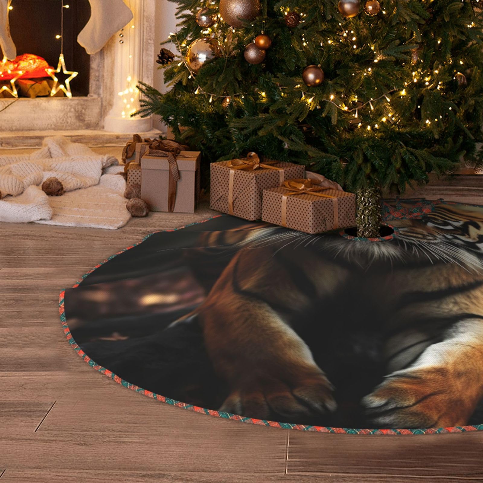 Wild Animals Tiger Christmas Tree Skirt 48" Artificial Tree Mat Cover Merry Christmas Burlap Xmas Tree Skirt for Christmas Decoration Holiday Indoor Outdoor Winter Party Decor