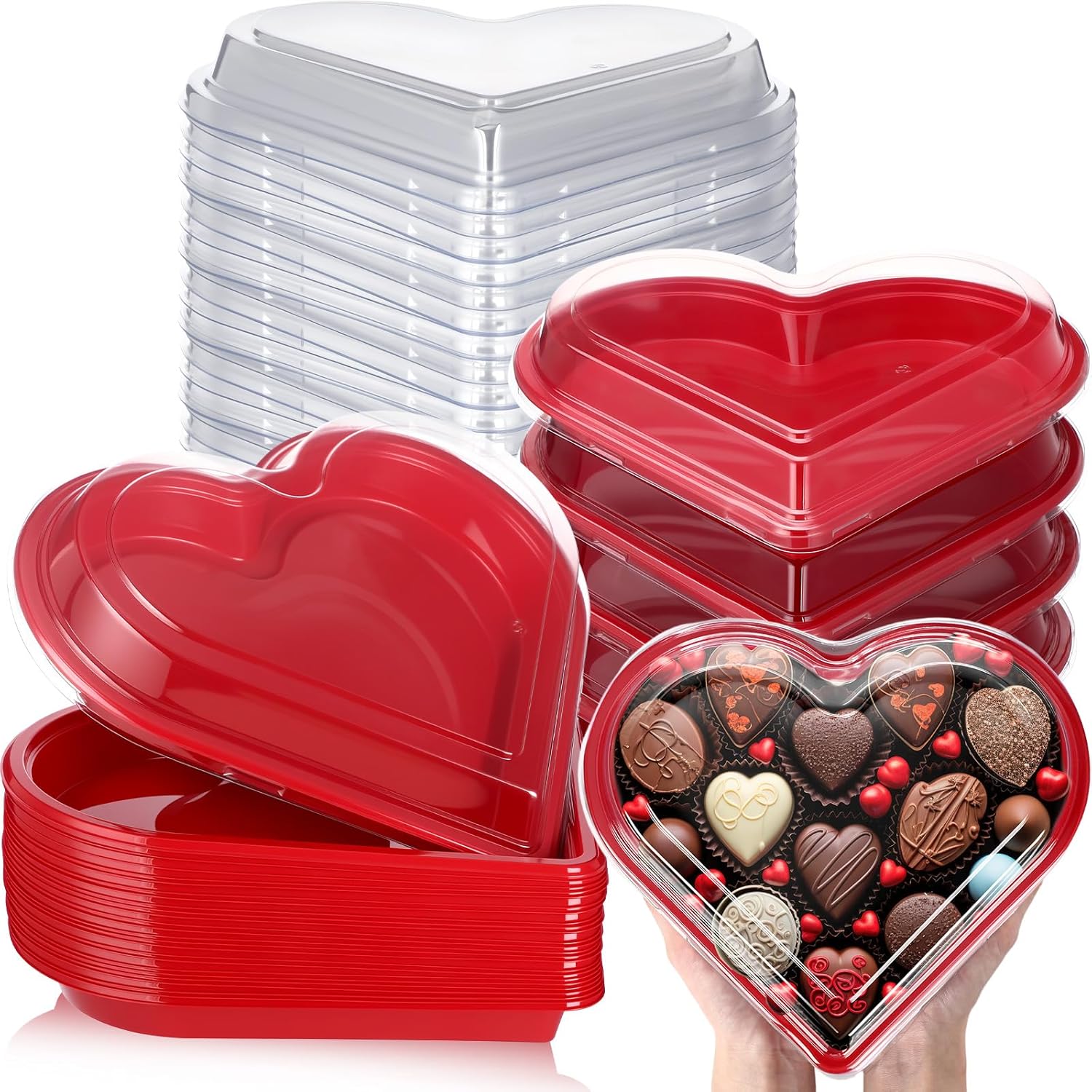 Macarrie 25 Pcs Mother's Day Heart Shaped Serving Tray Platter 20 oz Heart Plates with Clear Lids Dessert Plates Snack Tray for Mother's Day Birthday Party Table Decoration (Red)