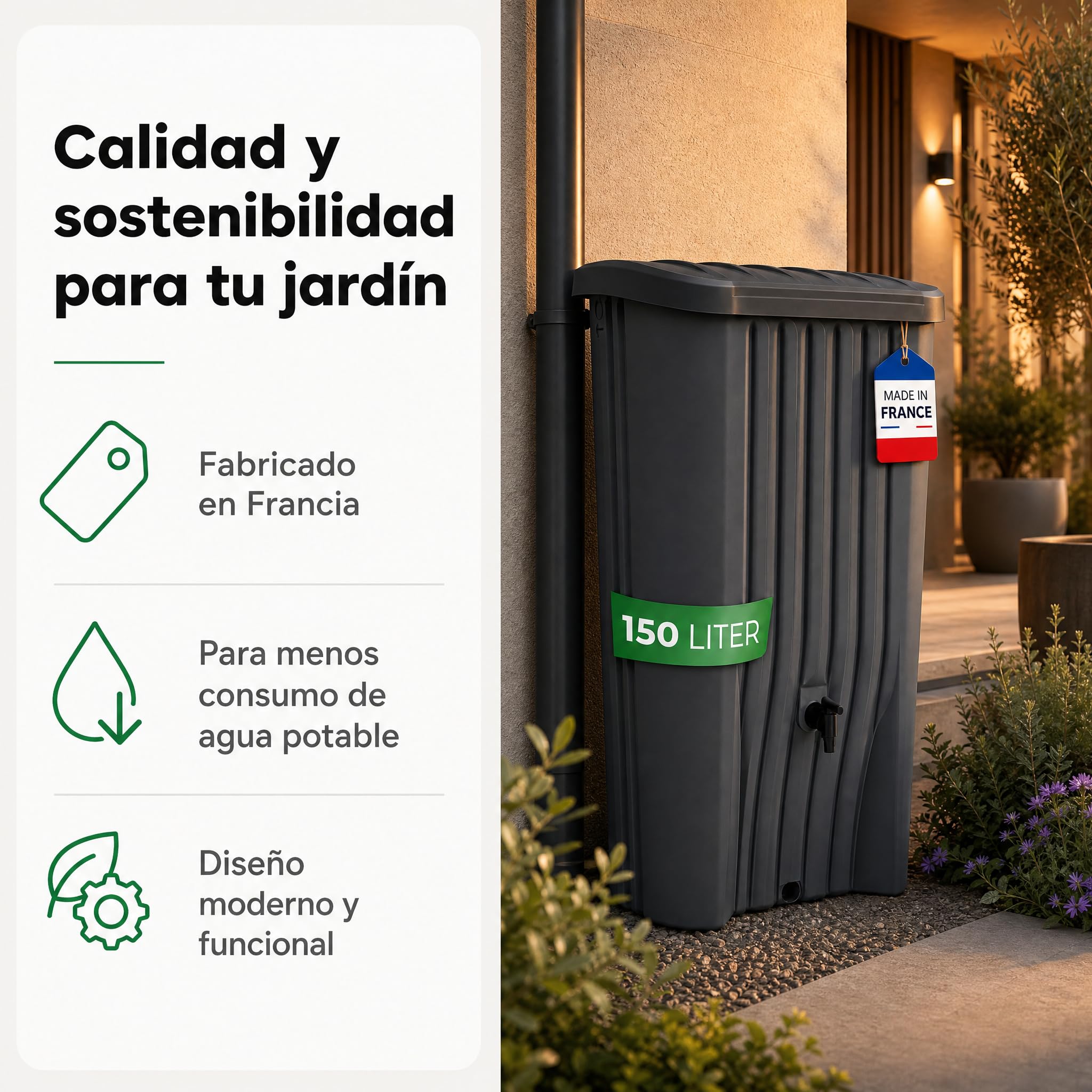 YourCasa Depósito Agua Lluvia 150 L, Estrecho con Grifo, Antracita | Recolector de agua de lluvia compacto para jardín, terraza y balcón; plástico resistente UV, fabricado en Francia