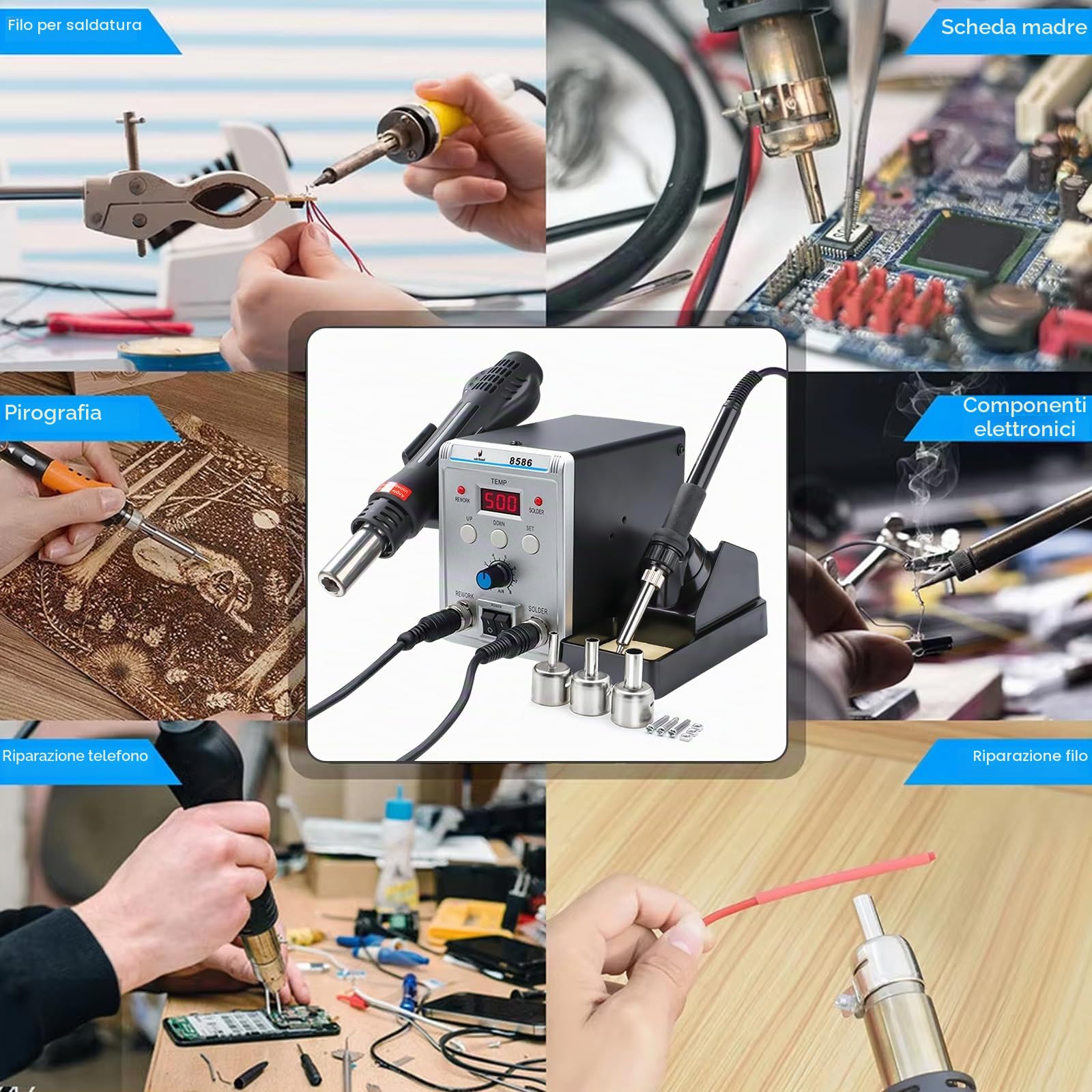 Stazione di saldatura, set saldatore 2 in 1 ad aria calda 8586 con 3 ugelli, temperatura regolabile 200-480°C, display digitale, professionale per lavori elettrici e riparazioni elettroniche