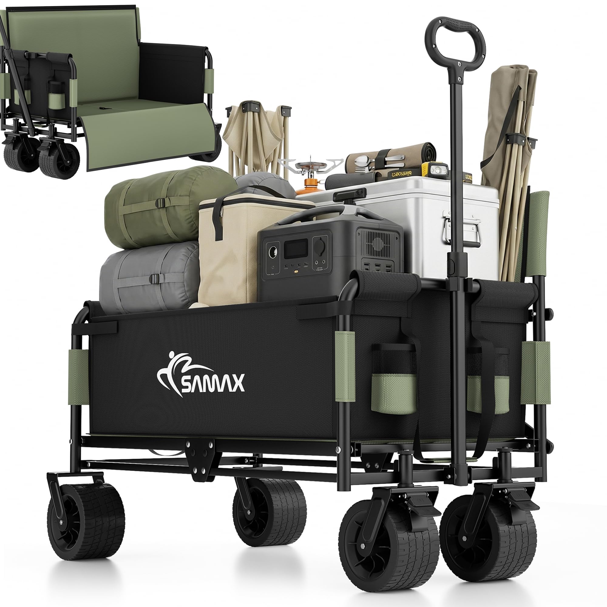 SAMAX Wózek ręczny do 200kg - 2w1 z ławką - Wózek ogrodowy Wózek plażowy Składany składany wózek transportowy Wózek transportowy - Festival Edition Zielony Matcha