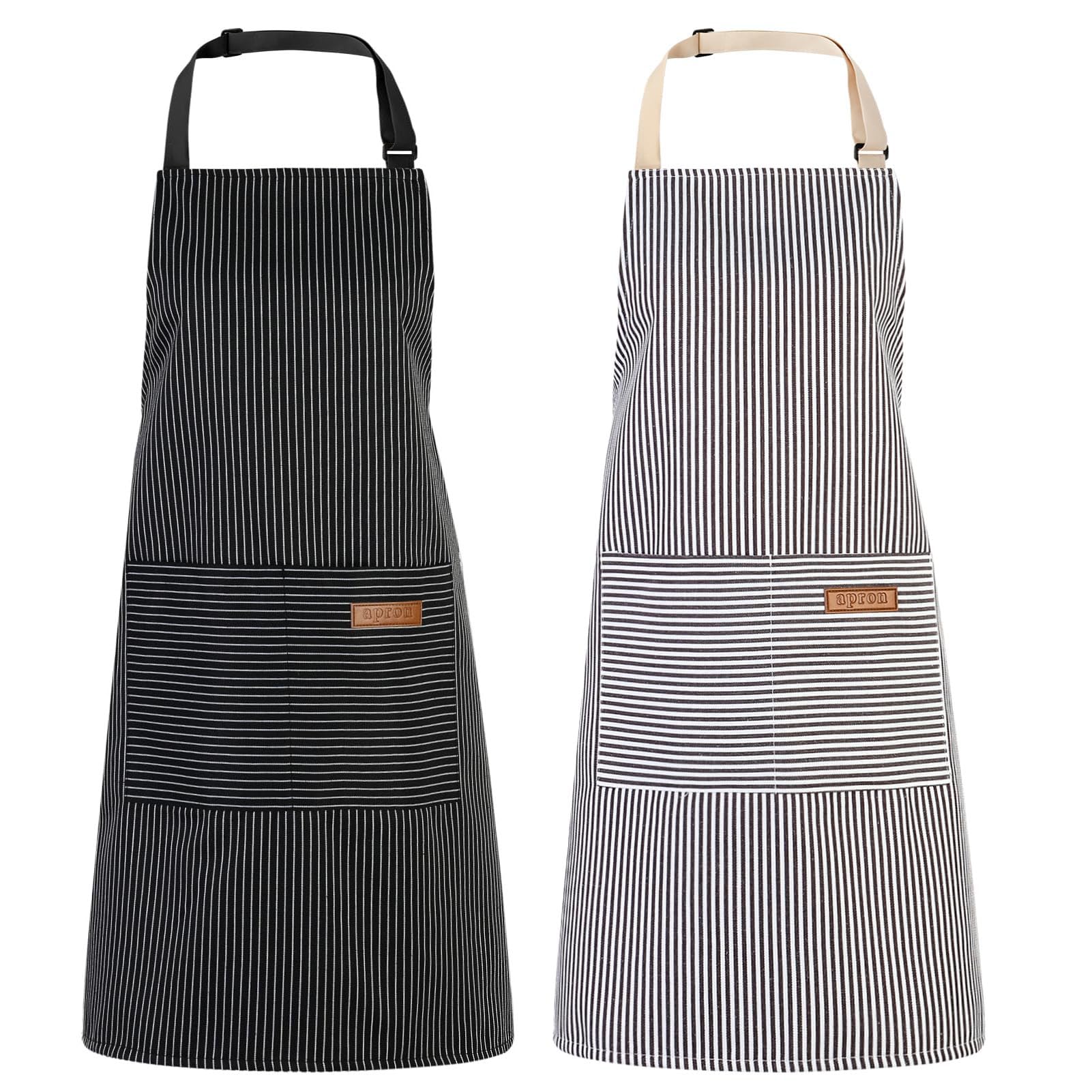 2 Pack Unisex Adjustable Bib Apron with Pockets, Cotton Polyester Cooking Kitchen Aprons for Women Men, Waterproof Chef Aprons for Home Kitchen Restaurant Coffee House, Practical Cooking Gifts