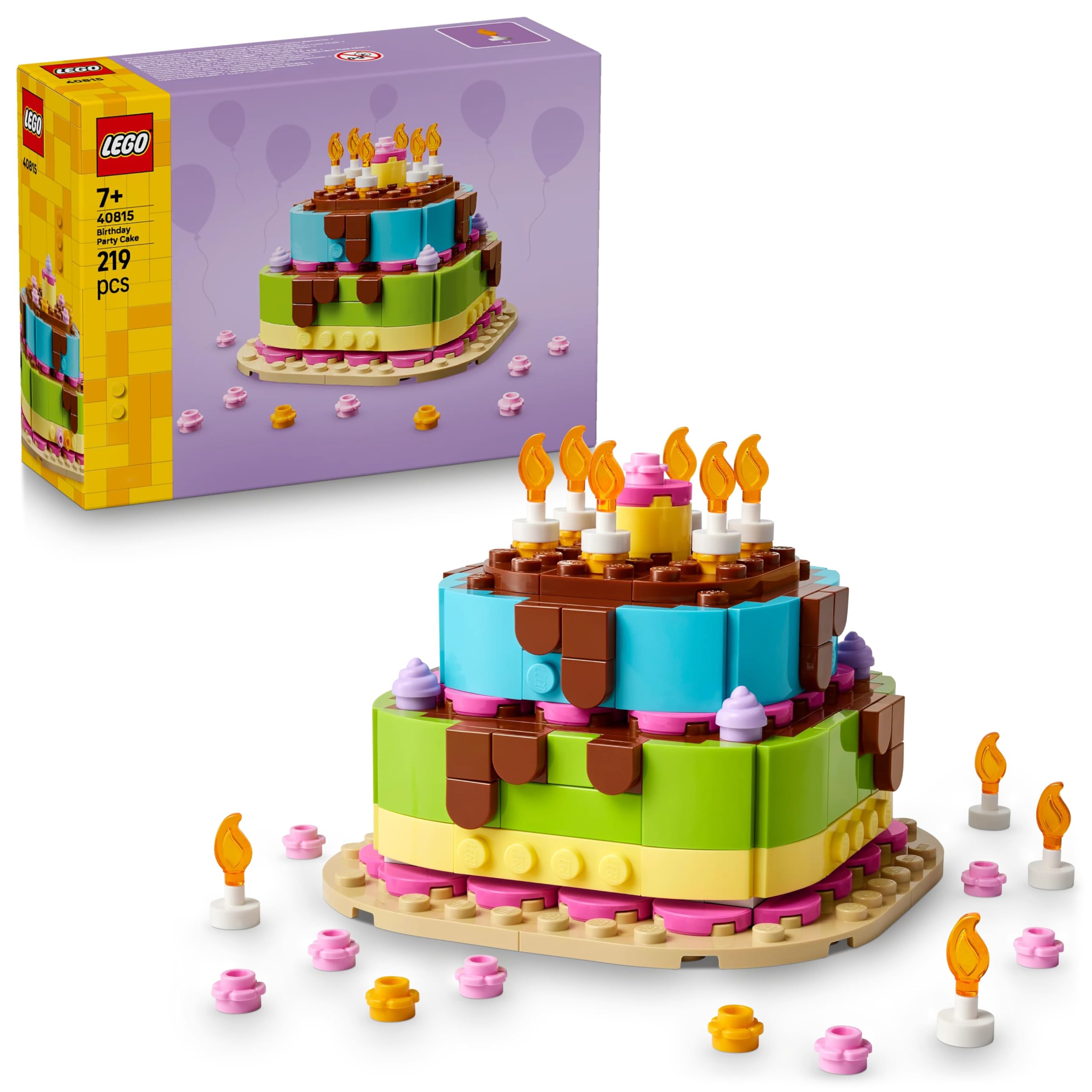 LEGO Birthday Party Cake Toy - Kids' Crafts Kit w/ 10 Candles, Icing & Colourful Flowers for Room Decor - Gift Idea for 7+ Year Old Girls, Boys & Families - 40815