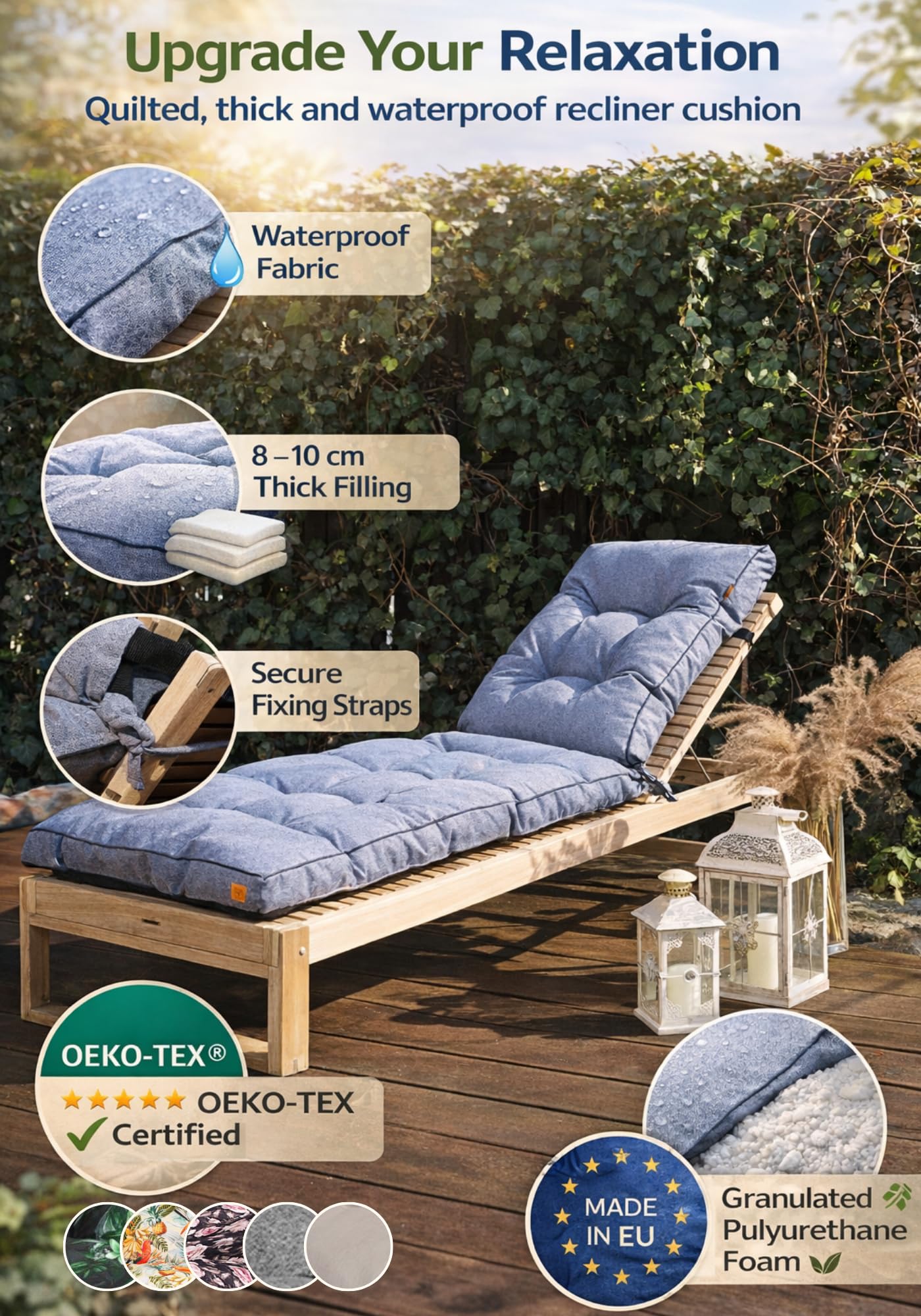 Stepp Auflage Gartenliege – wetterfeste Sonnenliege Auflage für Deckchair Holz, wasserabweisendes Gartenliegen Polster mit Oeko-TEX-Zertifikat und Befestigung –(Dunkelgrau)