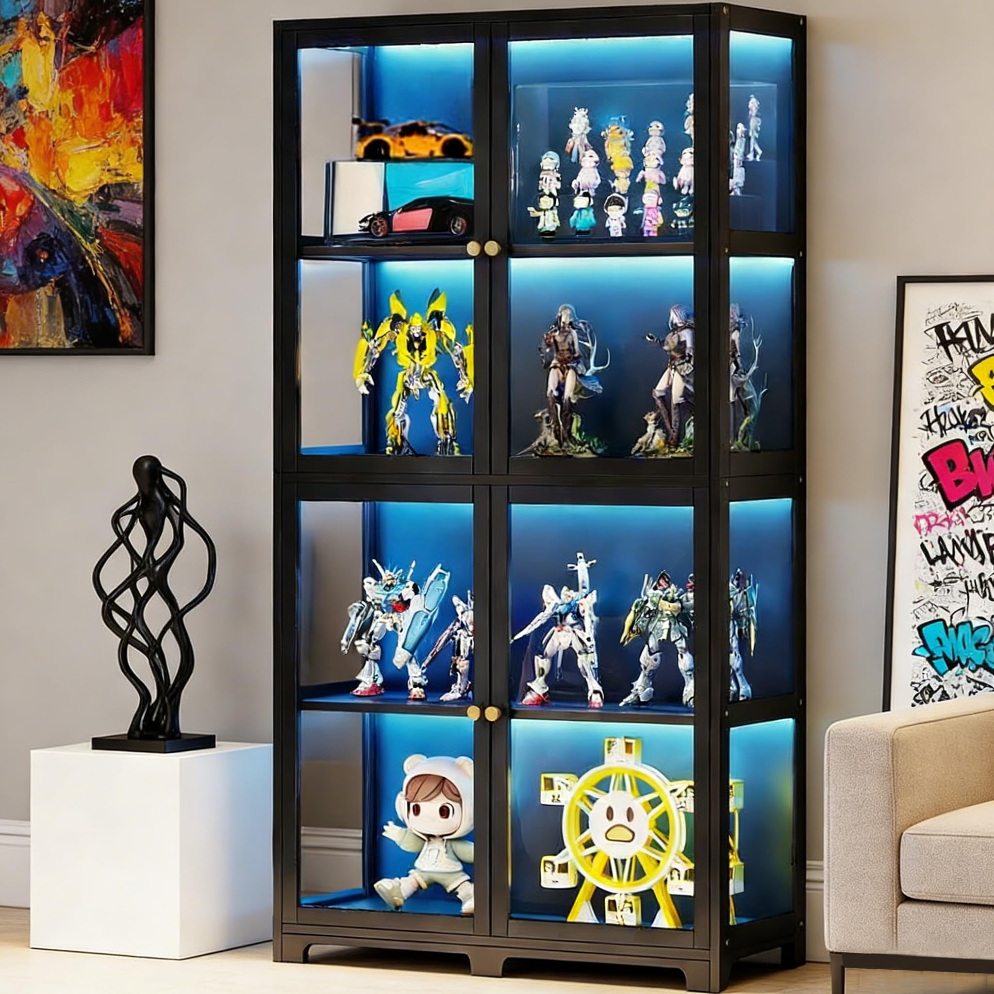 Display Cabinet with Acrylic Glass Door, 4 Tier Curio Display Case, Collectibles Toy Organizers Rack & Display Shelf, Kids Bookcase for Bedroom, Reading Nook, Toddler's Room, Bamboo