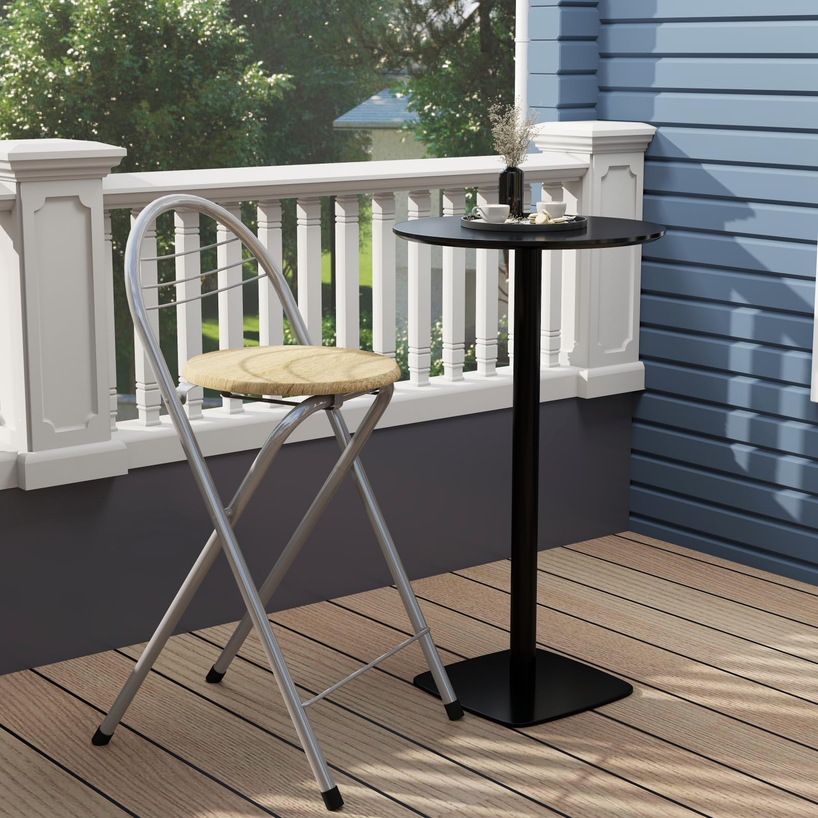1 tabouret pliant avec dossier, portable, pliable, pour extérieur, jardin, balcon, cuisine, bars, camping, hauteur d'assise 61 cm (chêne et argent)