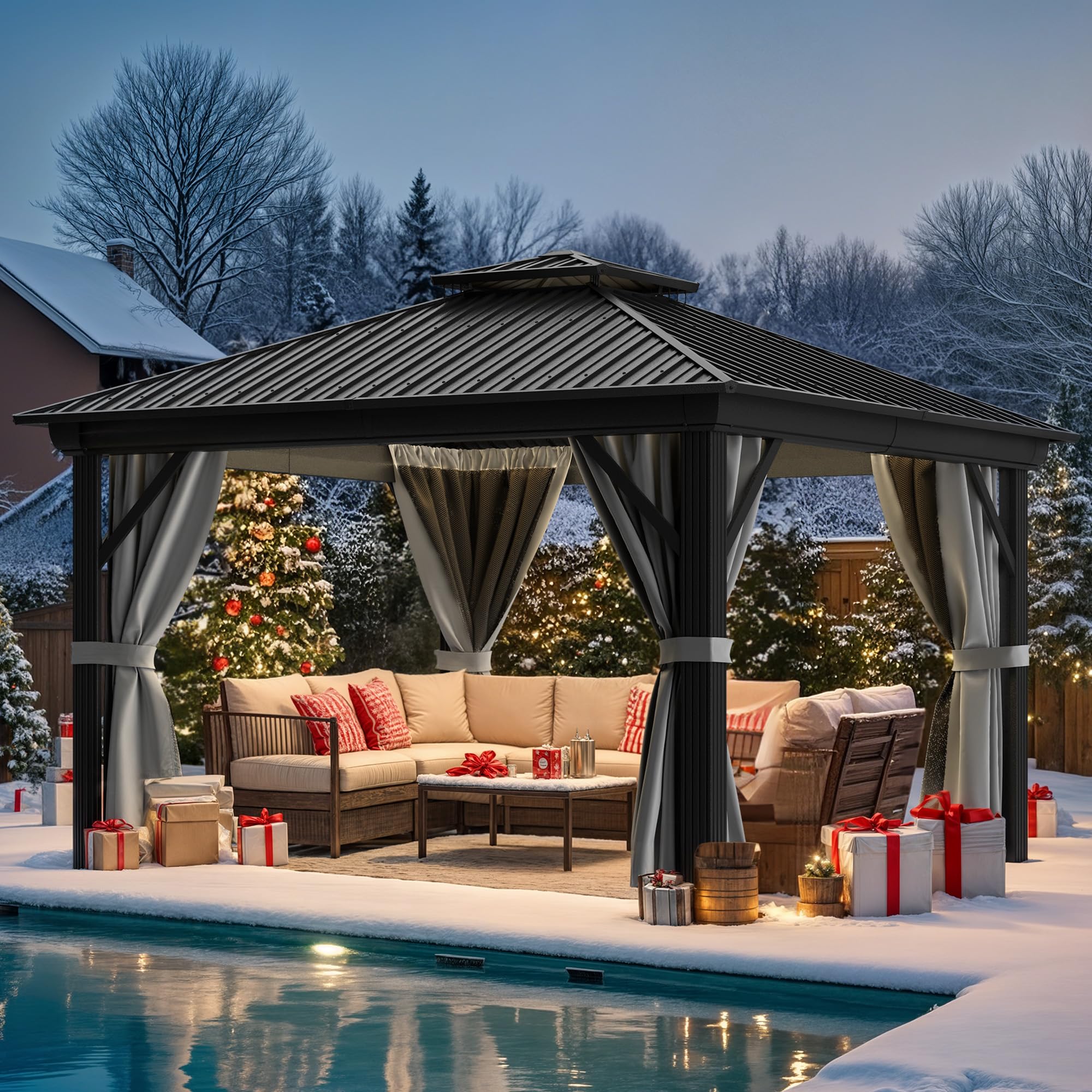 Photo 1 of *PARTIAL SET - See Clerk Notes*
YITAHOME 12x12ft Hardtop Gazebo with Nettings and Curtains, Heavy Duty Double Roof Galvanized Steel Outdoor Combined of Vertical Stripes Roof for Patio, Backyard, Deck, Lawns, Gray