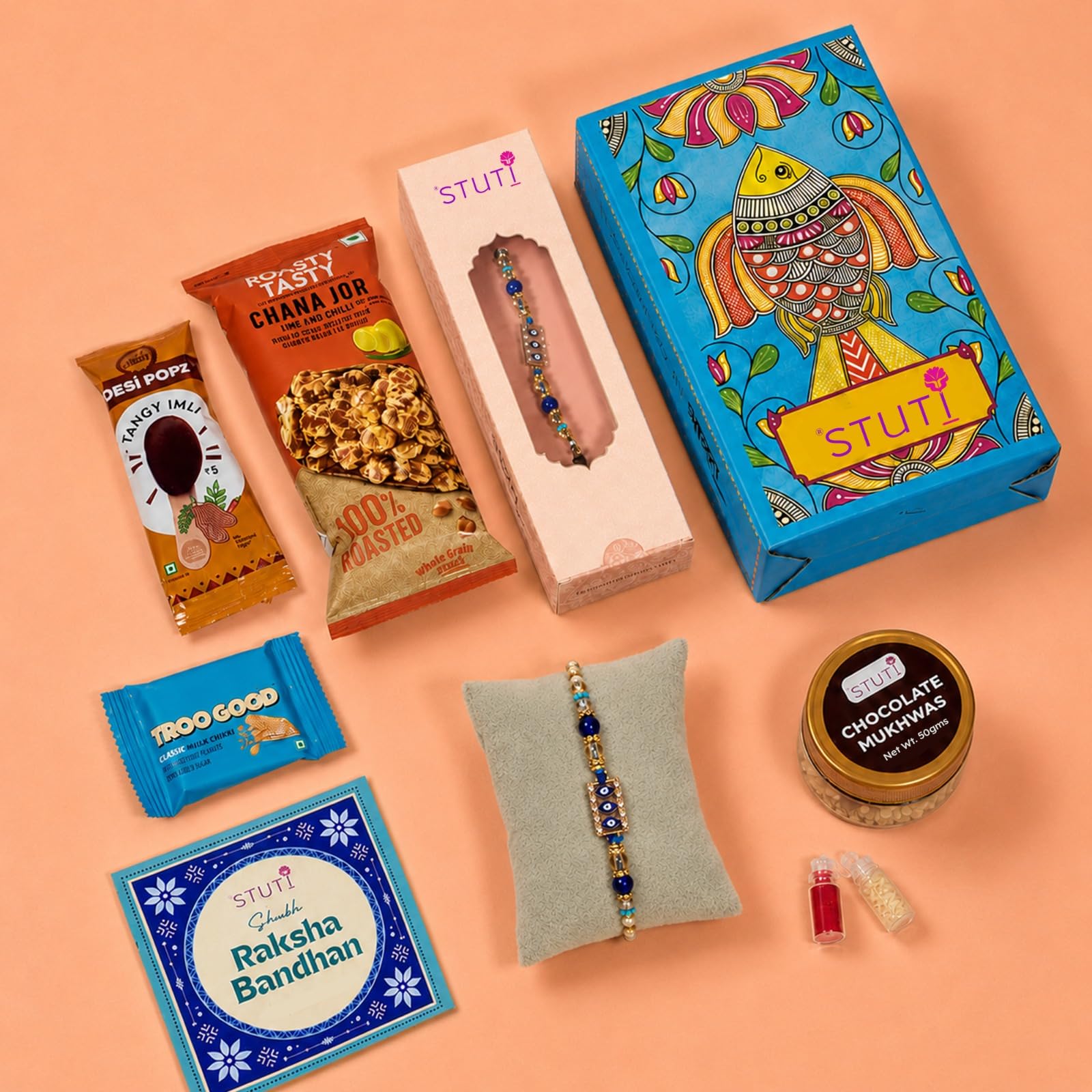 STUTI Rakhi Gift for Brother-6 Inclusions combo of Evil Eye Rakhi, Sabudana Papad, Namkeen Snacks, Chandan Tika, Personalized Greeting Card -Complimentary Roli & Chawal - Bandhan Hamper | Rakhi Combo Gift Box for Bhaiya & Bhabhi-image-8