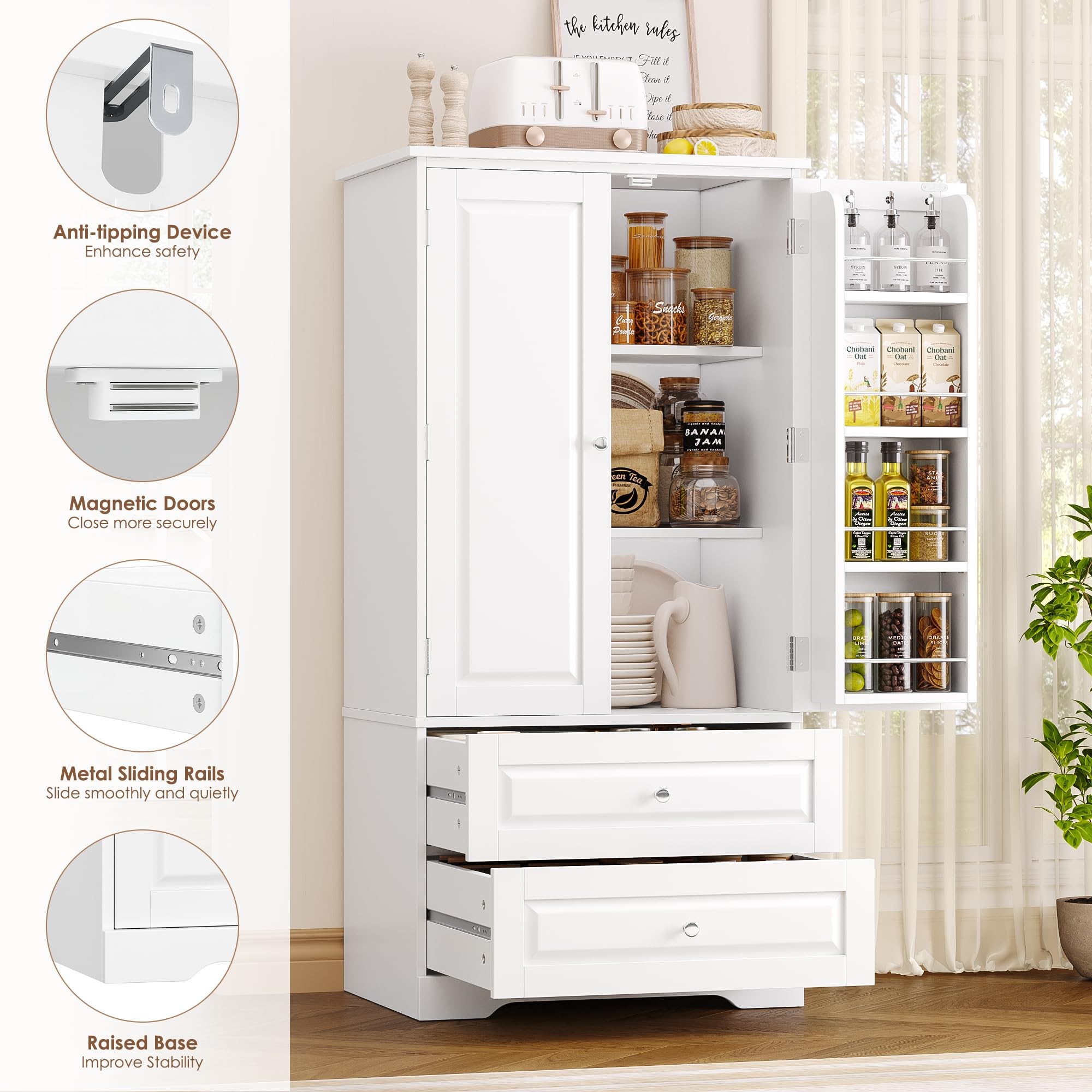 FOREHILL Szafka kuchenna 120 cm Szafy z 12 półkami 2 szufladami Mebel do przechowywania szafka kuchenna do kuchni salonu sypialni Półki regulowane 60x40x120cm Biały