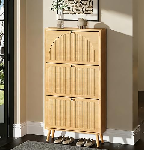 Miniatura 14 de Armario de almacenamiento de zapatos para entrada con 3 cajones abatibles, organizador estrecho de zapatos con panel estriado, armario oculto