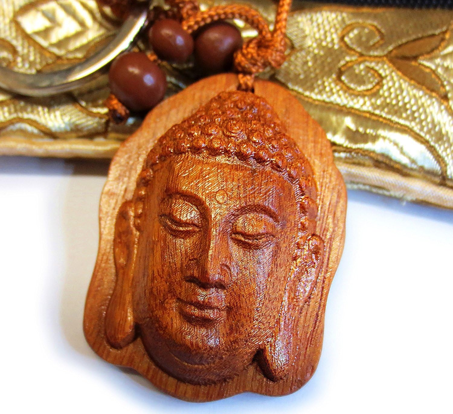 Buddha Keychain with Silk Pouch, Carved from African Padauk Wood, Peace & Protection Feng Shui Luck Key Ring