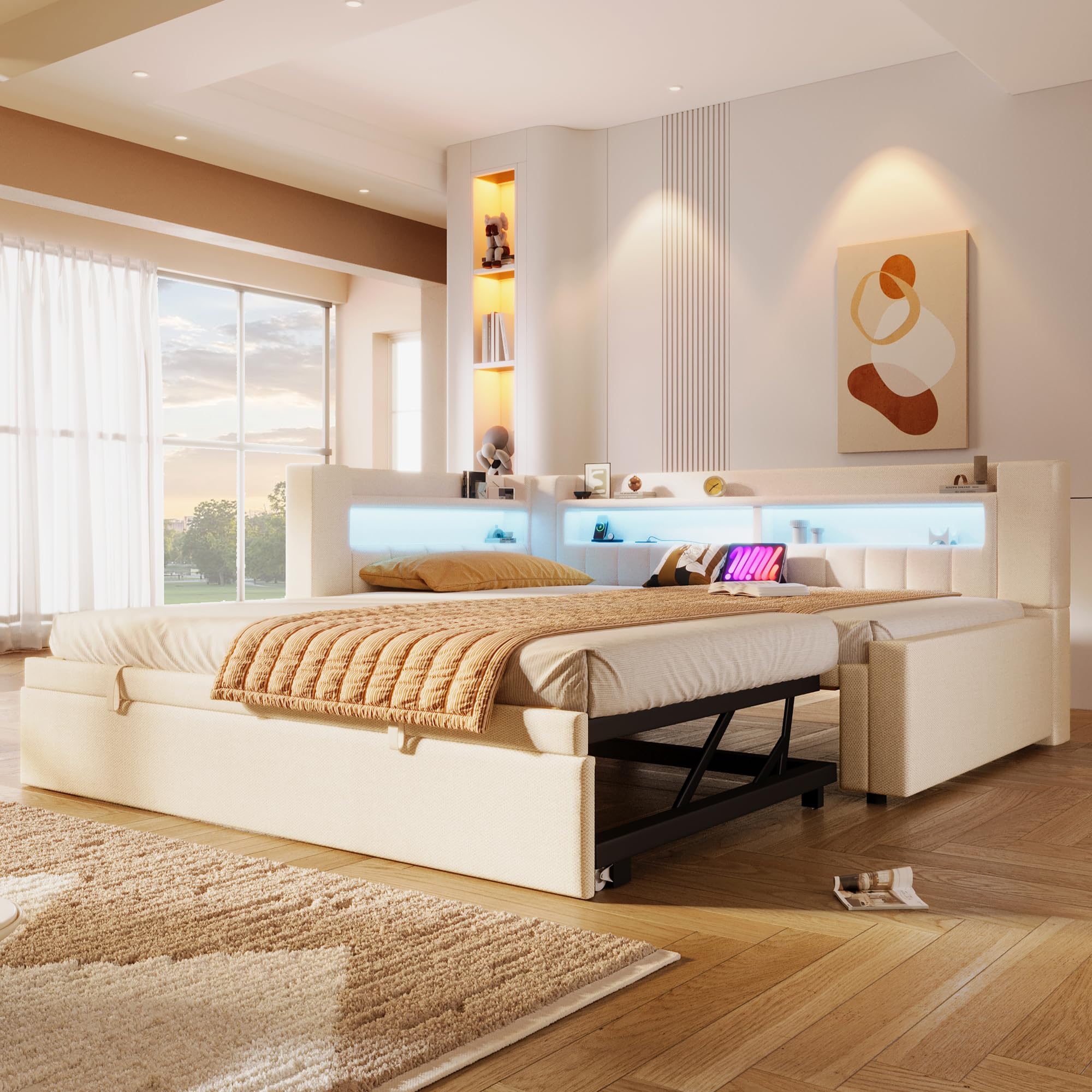 Polsterbett 90/180 x 200 mit LED und USB, Ausziehbares Schlafsofa, Daybett mit Ausziehbett, Sofabett Tagesbett Jugendbett Bettgestell, Leinen, Ohne Matratze, Beige