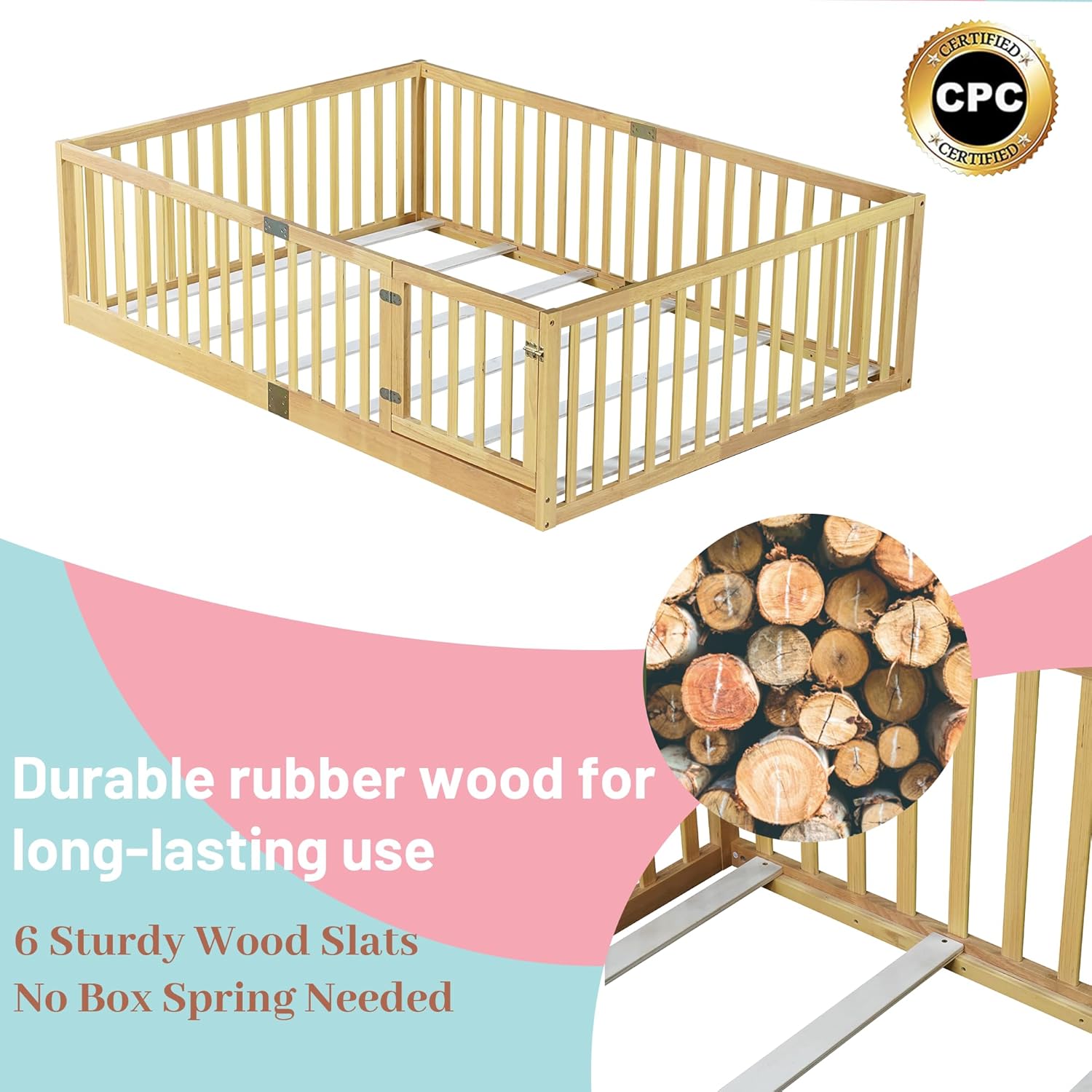 Full Size Montessori Floor Bed with High Rails and Slats, Solid Wood Floor Bed Frame with Door,Full Low Wooden Kids Beds with Guardrails for Boys Girls,No Box Spring Needed, Natural