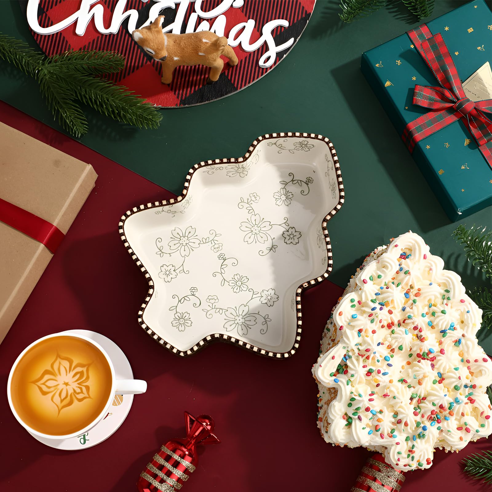 Vesici Keramik-Kuchenform, 22,9 cm, Weihnachtsbaum-Backform, 765 ml, tiefer Quiche-Teller, geriffelte Kuchenform, Backform für Küche, Kochen, Braten, Lasagne (grün)