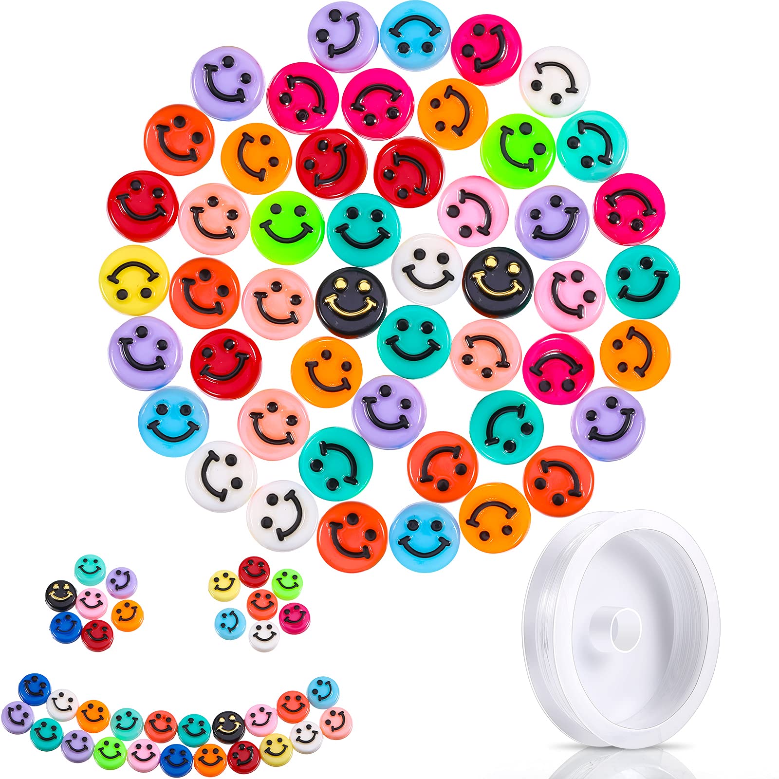 100 Pieces Smile Face Beads Happy Face Spacer Bead 10mm Colorful Mixed Round Acrylic Beads with Crystal Elastic Rope for DIY Charms Bracelet Necklace Jewelry Making Supplies