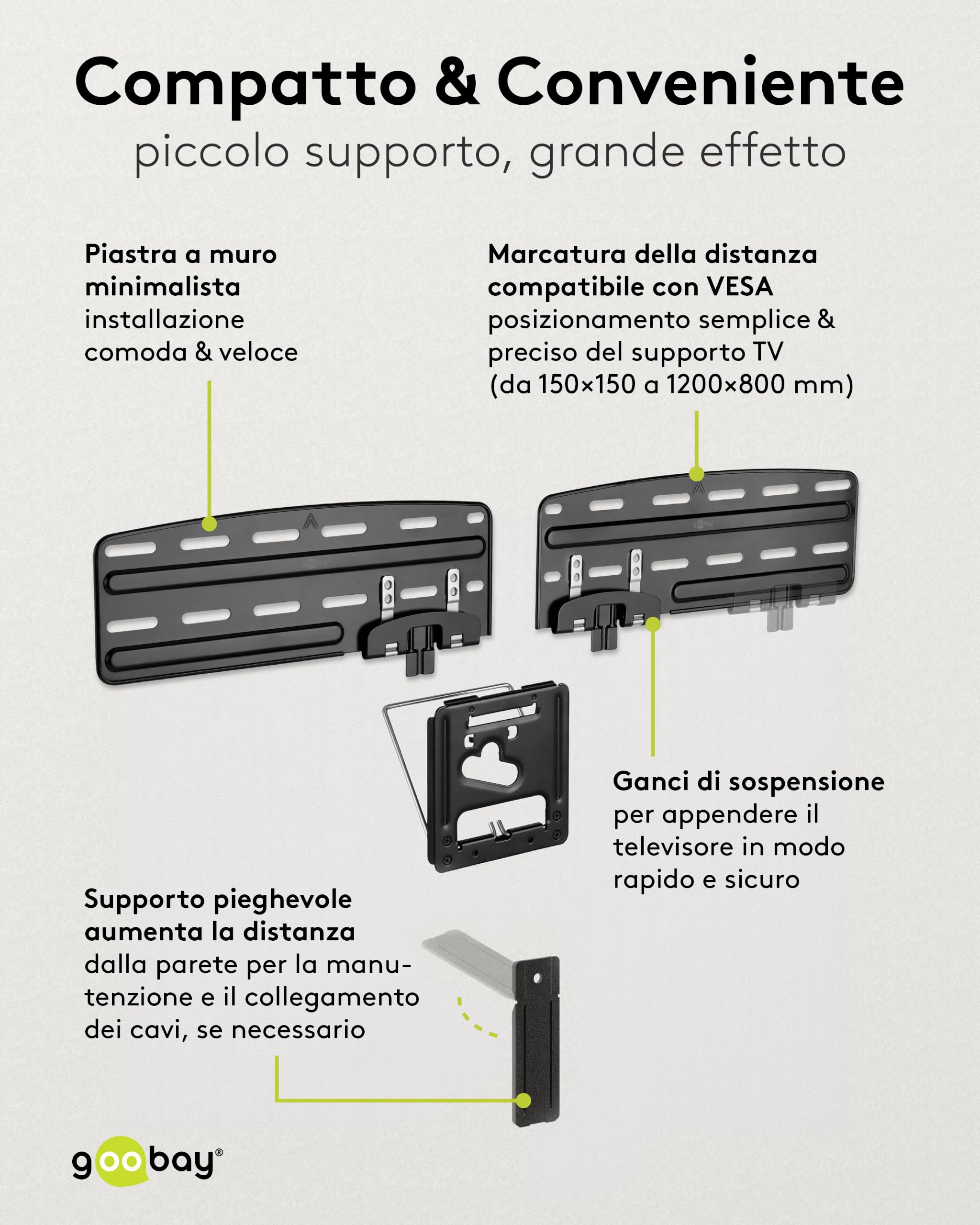 Supporto da parete per TV ultraslim 43-100 pollici, massimo 60 kg, per TV piatte