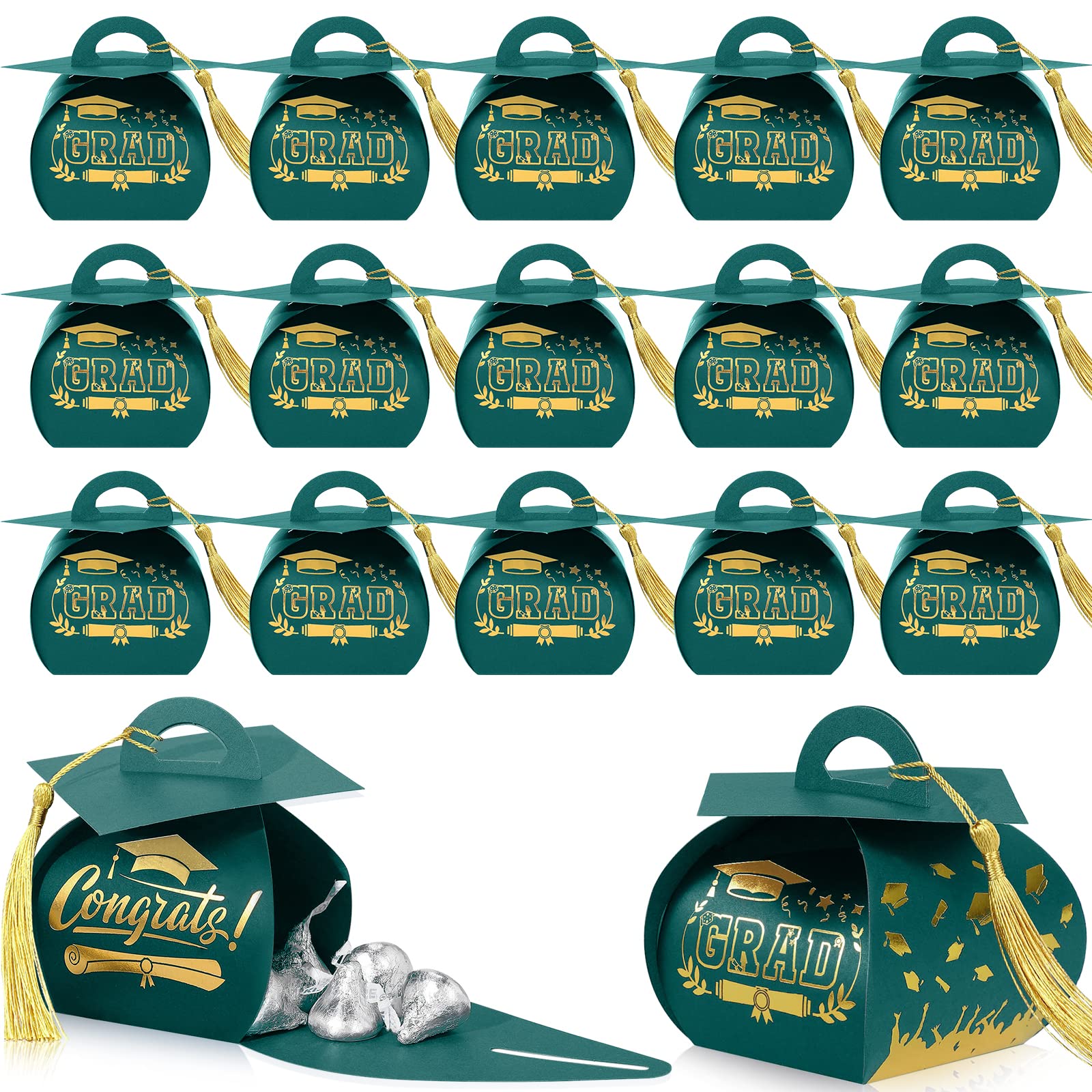 Photo 1 of Colarr 100 Pack Graduation Cap Candy Box Graduation Party Favors Grad Gift Box with Gold Tassel Little Souvenir for Guest for Class of 2026 Party Supplies(Green)