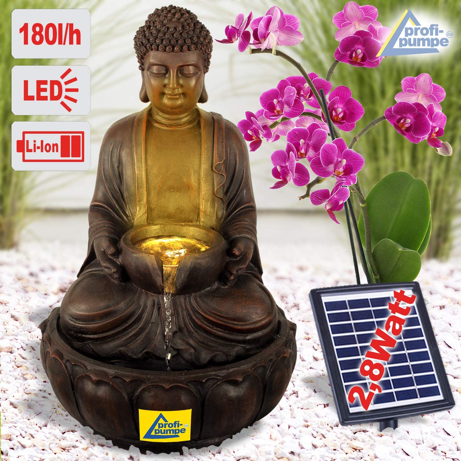 Fuente para Jardin Fuente de Tranquilidad Buda Fuente de Agua con iluminacion Solar para Jardin, terraza, Balcon Buda con Bomba, bateria de Iones de Litio y luz LED