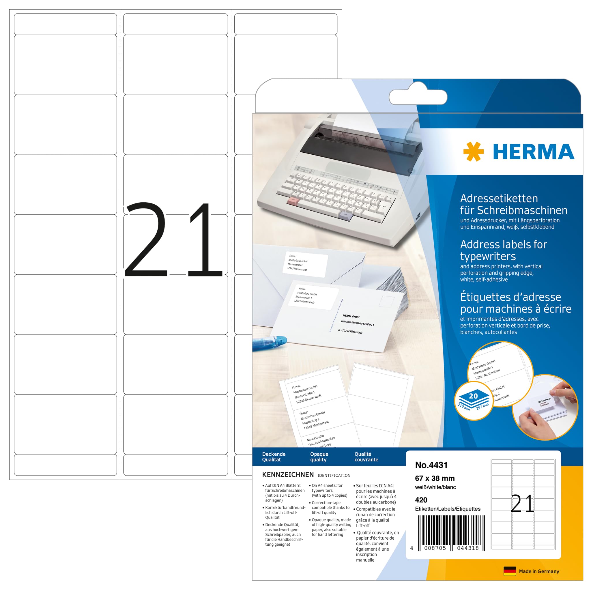 HERMA Self Adhesive Typewriter Address Labels, 21 Labels per A4 Sheet, 20 Sheets, 67 x 38 mm, 420 Labels, Blank Mailing Labels Stickers, Sticky Labels for Typewriter, White