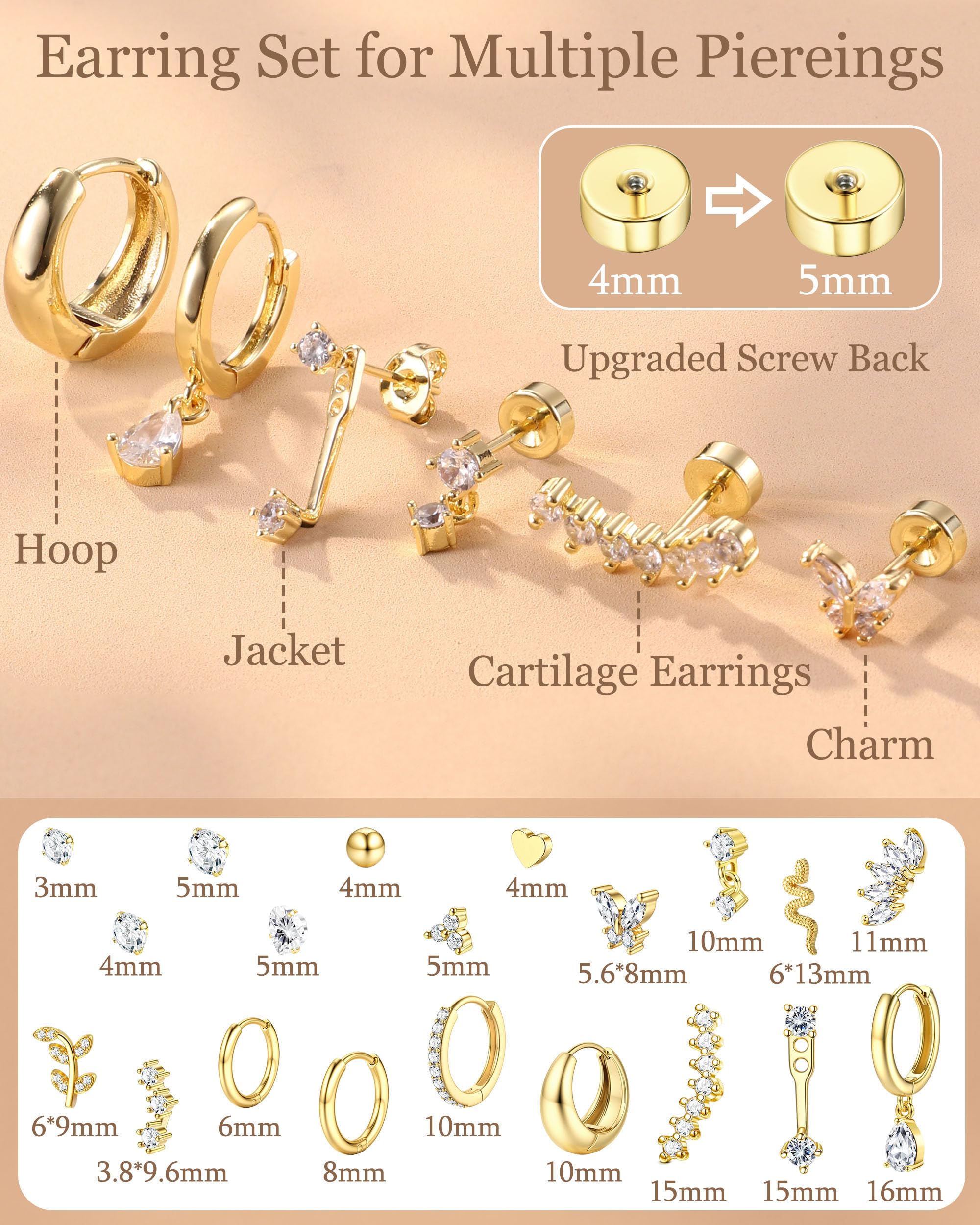 LOLIAS 20Pcs Piercing Orecchio Acciaio Chirurgico Set Orecchio Donna Orecchini Cerchio Piccoli Orecchini a Bottone Conch Piercing Cartilagine Orecchini Piercing Trago Helix Piercing Argento Oro