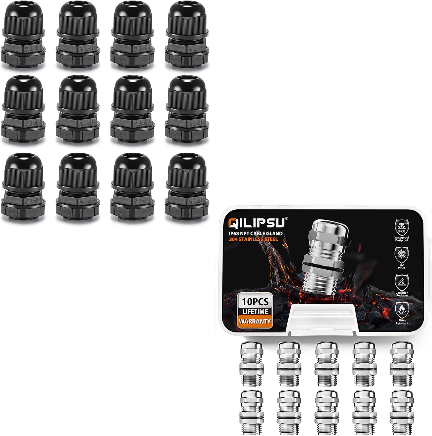 12pcs 1/2" NPT Nylon Cable Glands & 10pcs 1/2" NPT 304 Stainless Steel Cable Glands