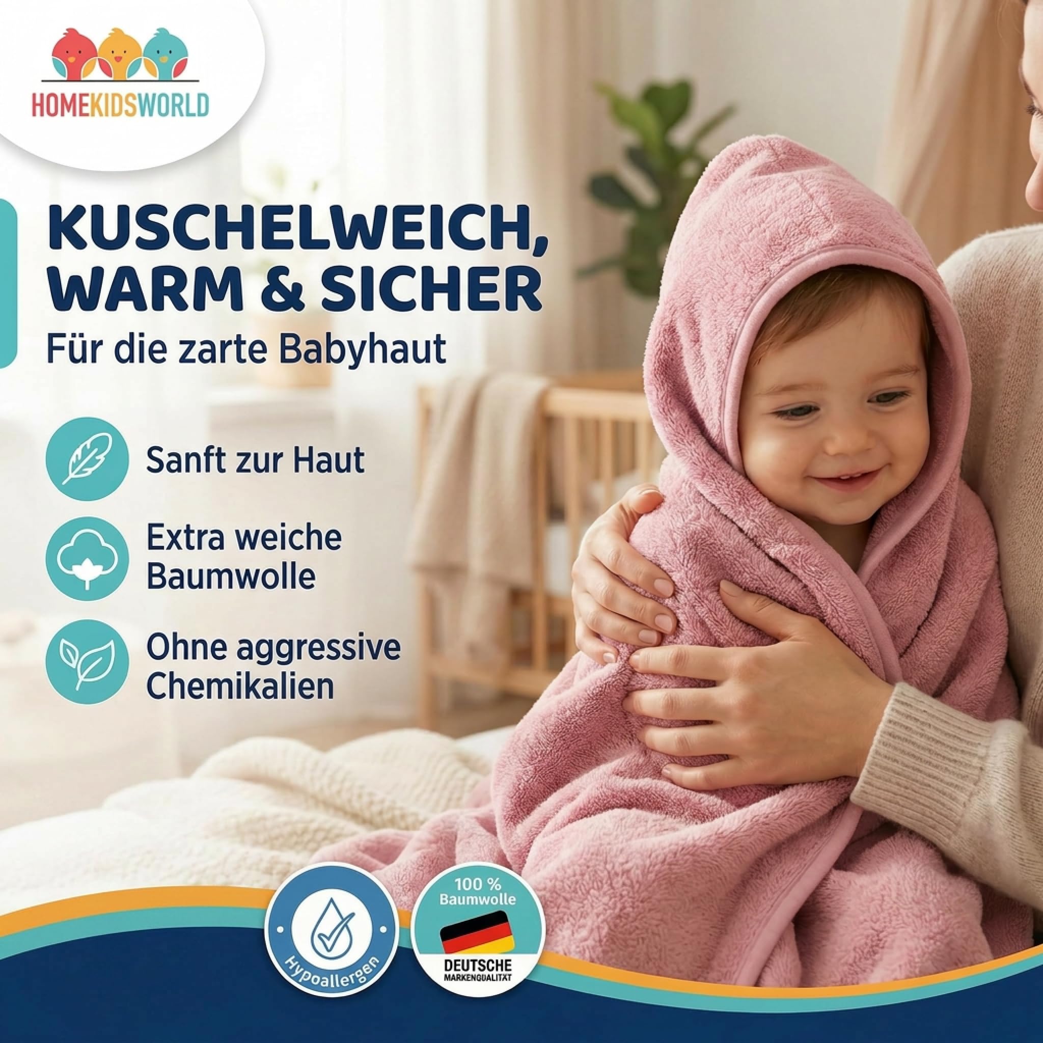 Kapuzenhandtuch Baby 100x100 cm (Rose) – Weiches & saugstarkes Badetuch mit Kapuze – Kuscheliges Handtuch für Babys & Kinder inkl. Geschenkbox