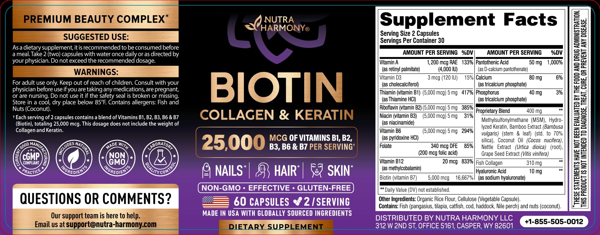 Biotin | Collagen | Hyaluronic Acid | Keratin - Clinically Tested Supplement - Hair Growth Support, Skin & Nails - 25000 mcg Vitamins B2, B3, B6 & B7 + B1 - Made in USA - Women & Men | 60 Capsules