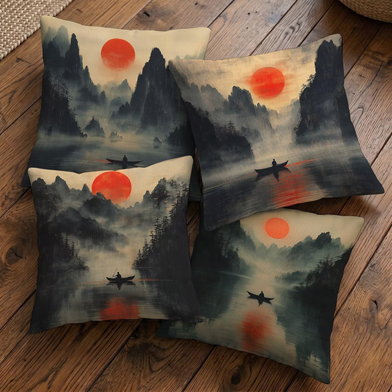 Wodoodporne poszewki na poduszki zewnętrzne 70x70 cm Zestaw 4 Japonii z nadrukiem lnianym kwadratowa dekoracyjna poszewka na poduszkę na sofę salon ogród taras krzesło ławka dekoracja domu (krajobraz