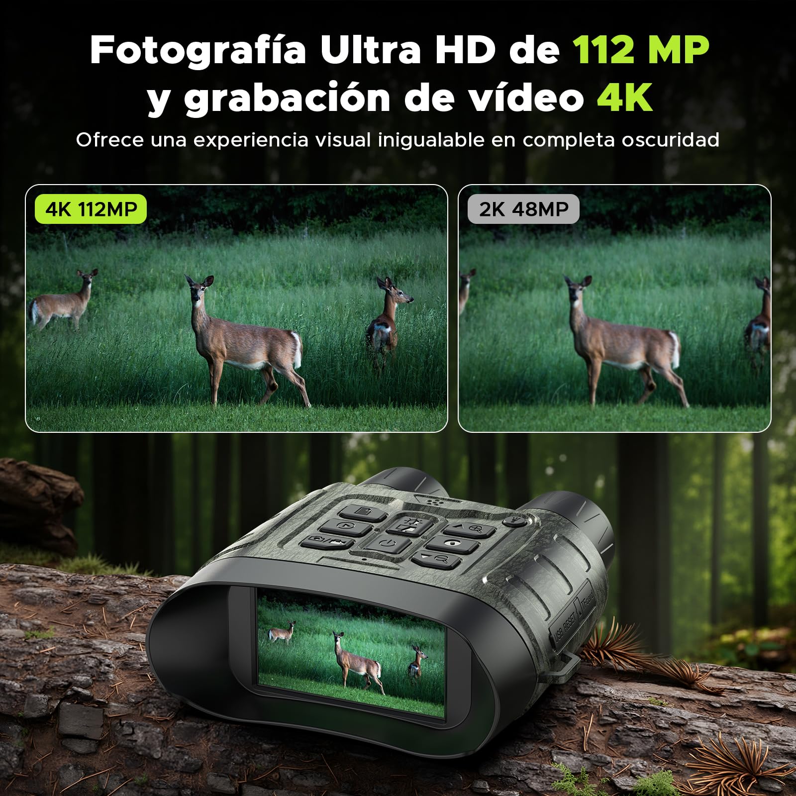 Visión Nocturno 4K, Infrarrojo de Visión Nocturna 112MP, Zoom Digital 12X, Alcance 450m, Batería 5000mAh, 32GB TF, para Camping, Seguridad, Observación de Aves y Fauna Salvaje