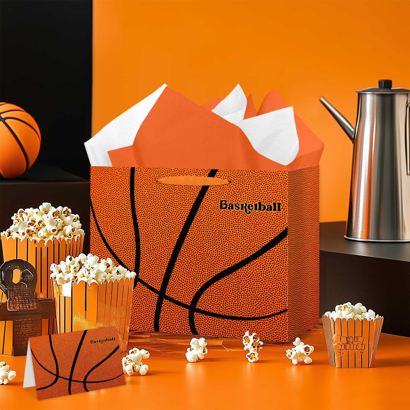 Jiaoiudi Basketball Gift Bags with Tissue Paper Greeting Card Basketball Party Bags Large with Handles Basketball Goodie Bags