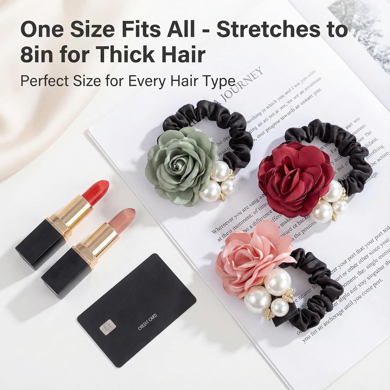 50 Pcs Flower Hair Scrunchies with Pearl Accents, 5 Assorted Colors, Vintage Floral Elastic Hair Ties for Women Girls, Party, Work, Daily