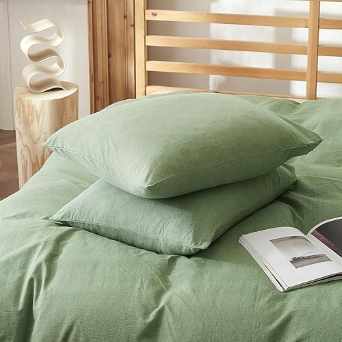 Miniatura 6 de AMWAN Juego de Funda de Edredón de Estilo Simple Color Verde Salvia Tamaño King Suave 100% Algodón Lavado Juegos de Ropa de Cama Color Sólido Verde