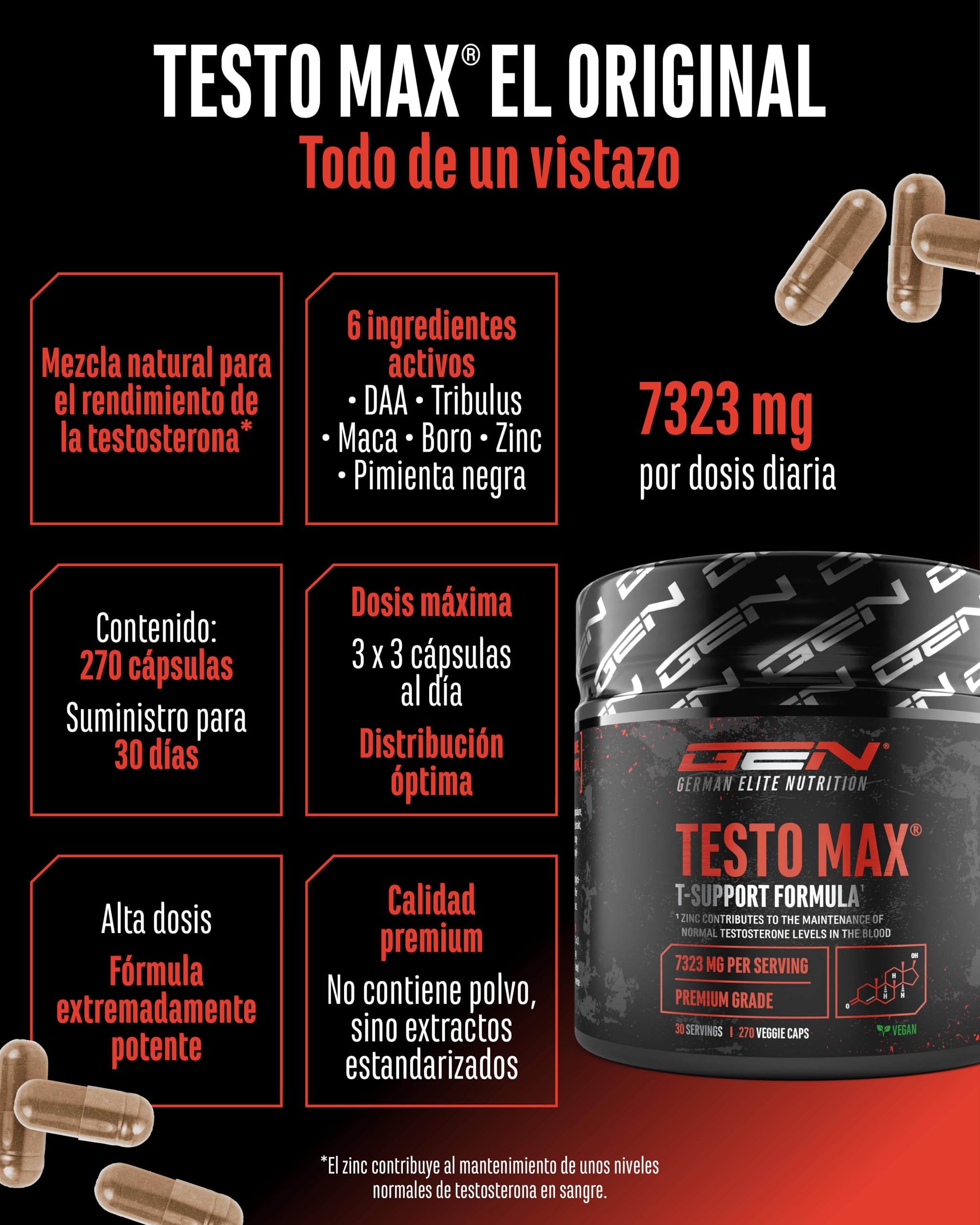 Testo MAX® - 270 Cápsulas - Extra Alta Dosificación con 7323 mg por Dosis Diaria - con Ácido D-Aspártico - Tribulus - Extracto de Maca - Boro - Zinc - Aminoácidos - Vegano