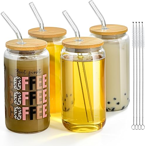 FECBK Vasos de vidrio de sublimación de 16 onzas con forma de lata de sublimación con tapa de bambú, popote de vidrio y cepillo de limpieza, lata de