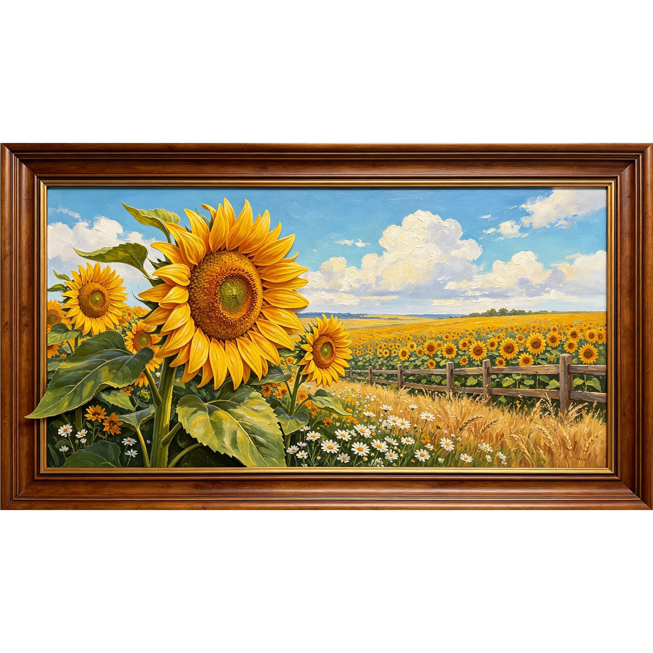 QZLITHOTIC 50x90cm3D Framed Wall Art， Sunflower Field Landscape Botanical SelfAdhesive Mural， WaterActivated Peel & Stick Fabric Decor Wall Decal for Bedroom Living Room