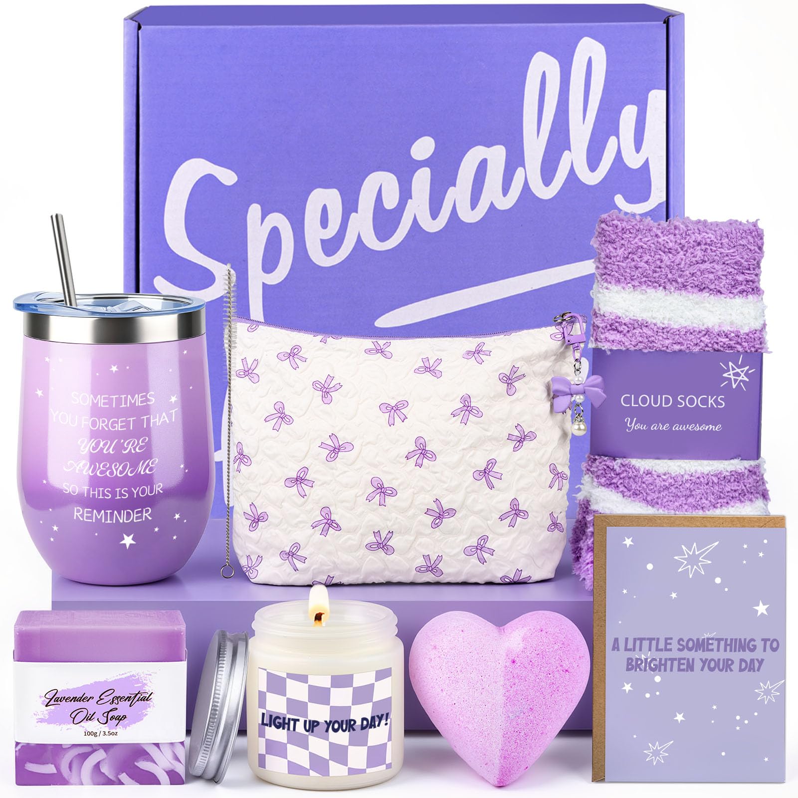 Birthday Gifts for Women, Lavender Self Care Gifts Set for Her, Purple Spa Gift Basket with Tumbler, Cosmetic Bag, Scented Candle, Thank You Gifts for Mum, Best Friend, Christmas, Valentines Day