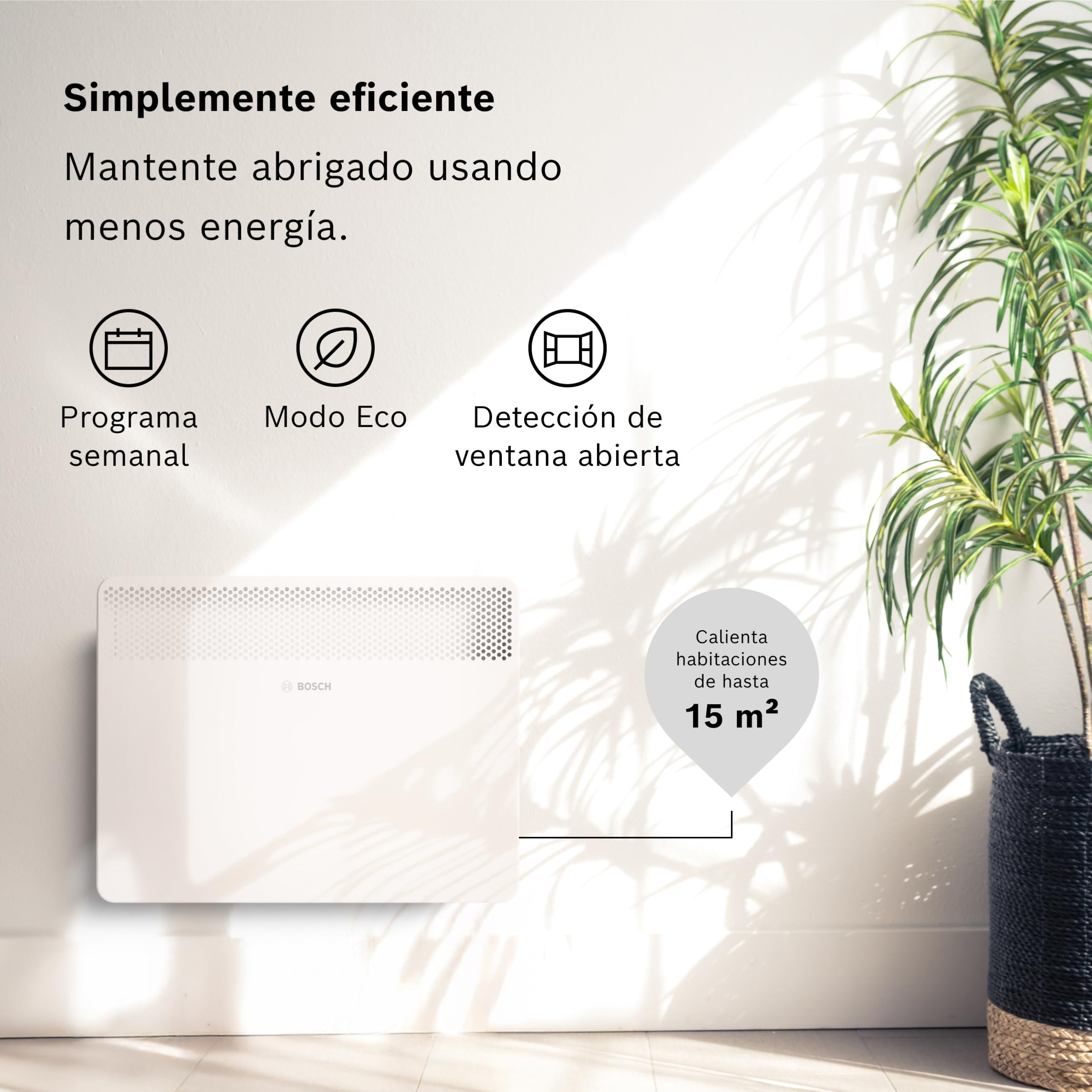 Bosch Heat Convector 4000-15 Convector eléctrico, 1500 W | Para Estancias de Hasta 15 m², Regulador Electrónico, Pantalla LED, Programa Semanal y Protección Contra Salpicaduras