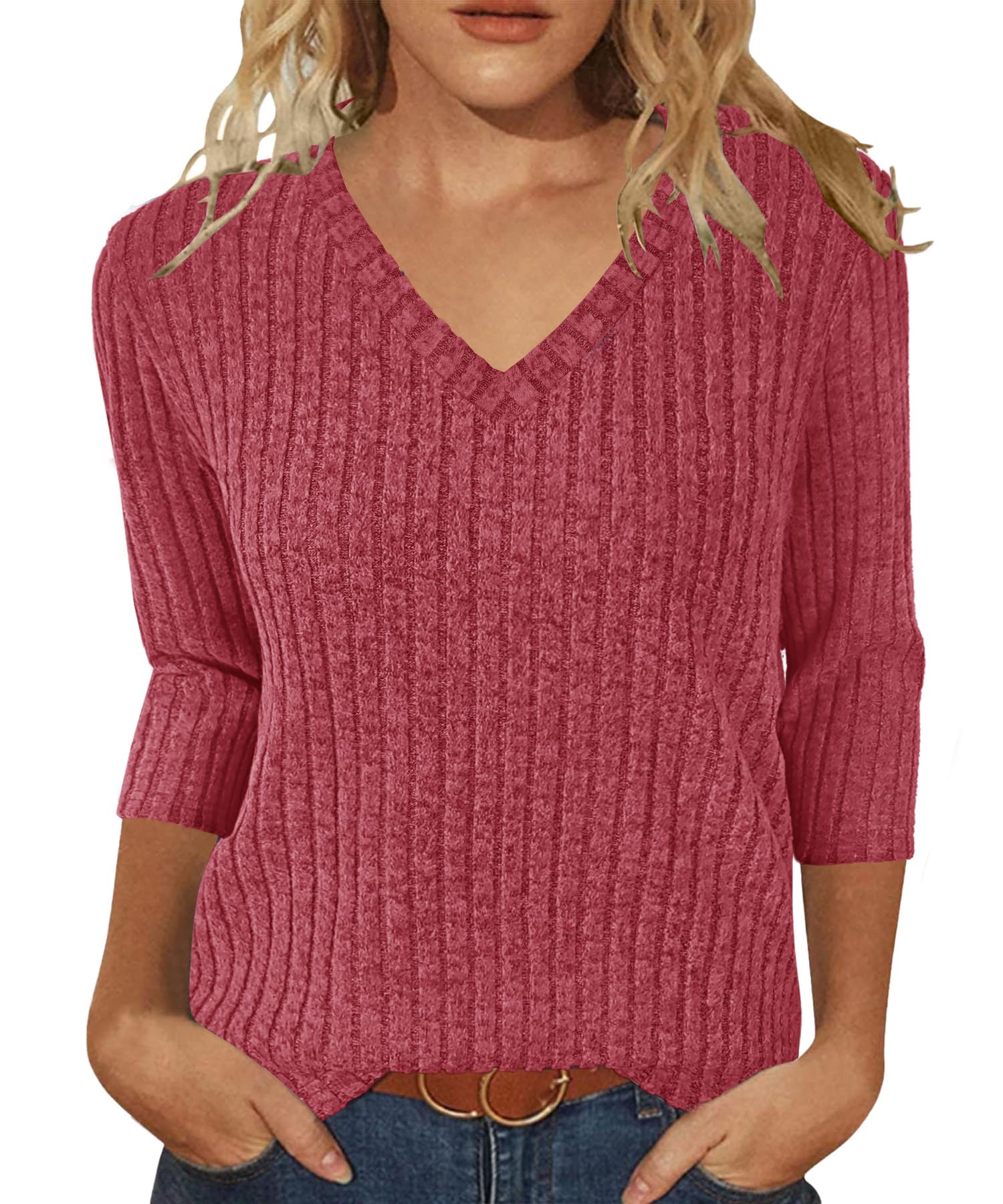 JomeDesign Sweaters for Women 3 4 Sleeve Tops V Neck Loose Casual Tunic Blouses