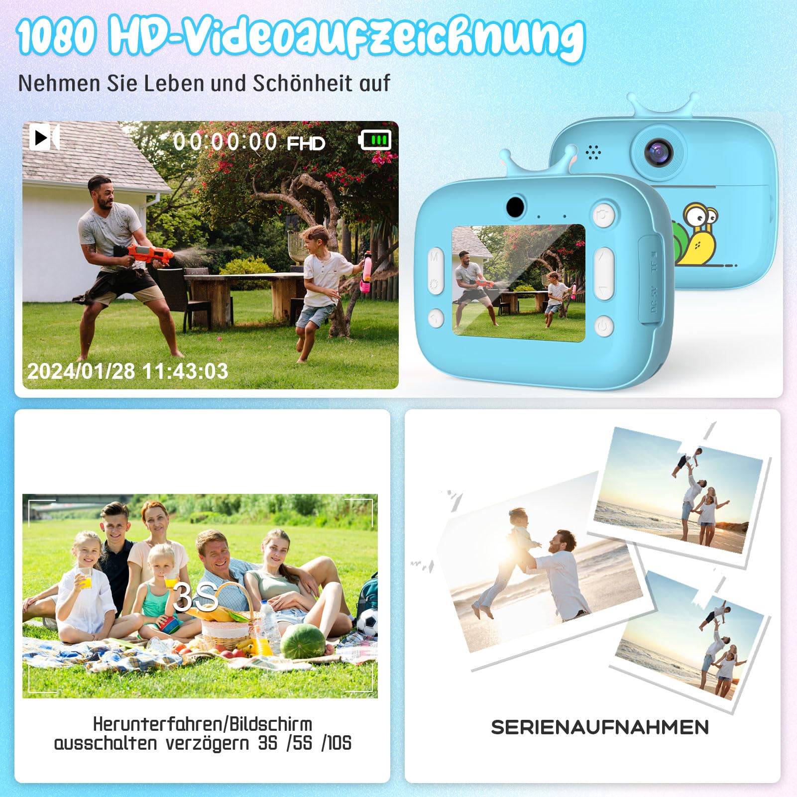 Macchina Fotocamera Istantanea per Bambini, Nauotk 2,4 Pollici Fotocamera Digitale con 32GB TF Scheda, Carta Fotografica per Stampa e Penne Colorate per DIY, Regalo di Natale per Bambini 3-14 anni