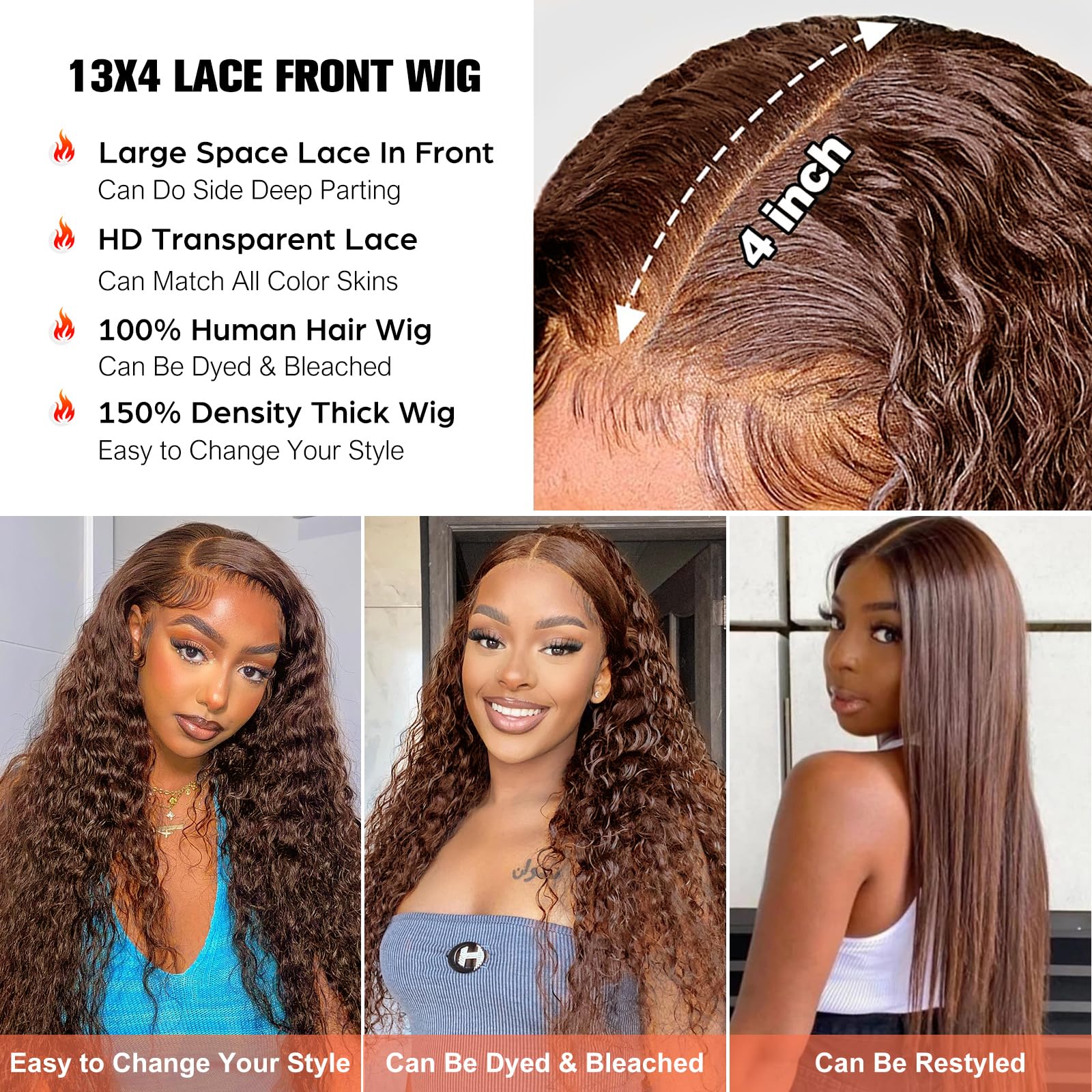 Tunfine #4 Chocolate Brown Human Hair wig for Woman,13x4 HD Lace Front Wigs Human Hair,180 Density Water Wave Curly Frontal Wig,Pre Plucked Natural Hairline Glueless Real Hair Lace Wigs 20" - Image 3