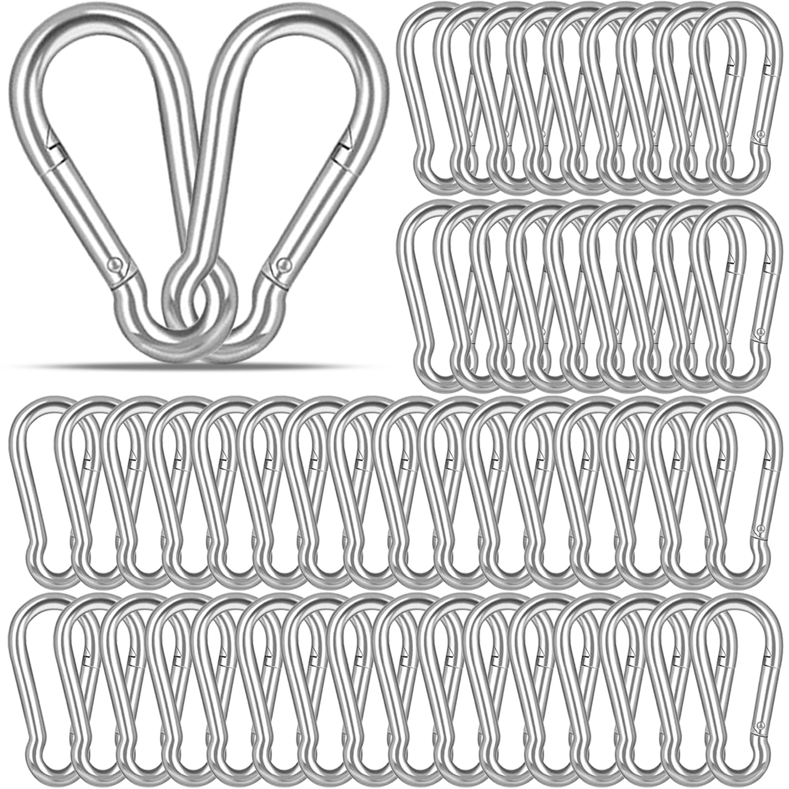 Mosquetón plateado de 2.36 pulgadas, ganchos de resorte M6, 50 unidades, mosquetones pequeños, de acero galvanizado, eslabones rápidos, para senderismo, camping, hamacas, correas de perro, mochila