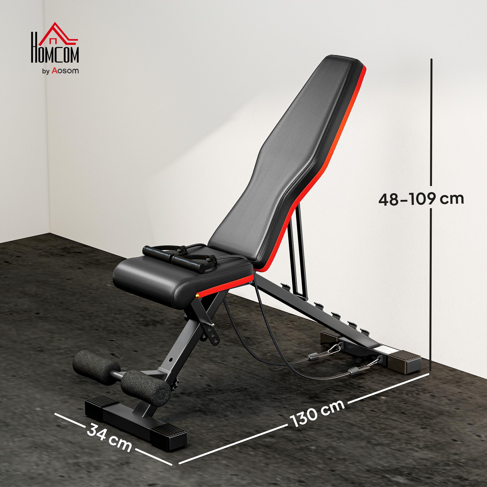 HOMCOM Panca Multifunzione 2 in 1 con Inclinazione Regolabile, Panca per Addominali e Pesi Imbottita con Corde Elastiche per Casa e Palestra, Nero
