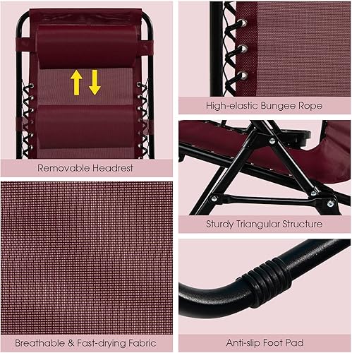 Miniatura 6 de Goplus Sillas de salón Zero Gravity, reclinables plegables ajustables en 160 con almohada y soporte para tazas, cómodas sillas de descanso de 350