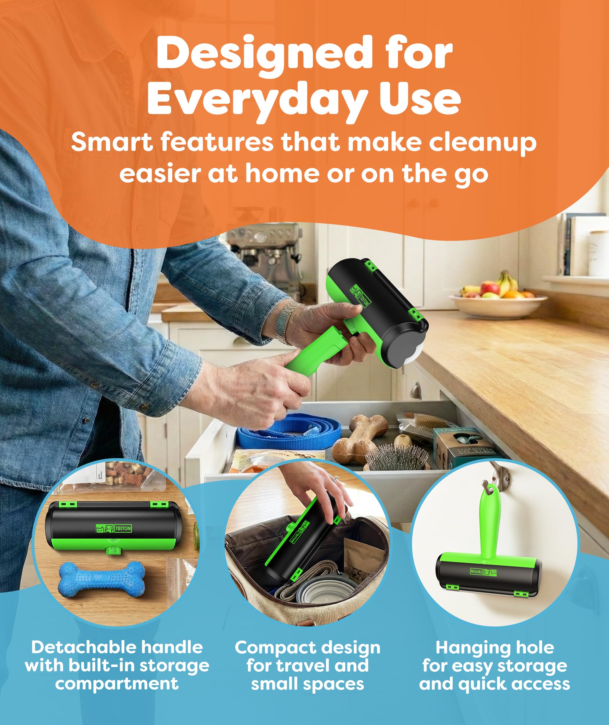 Triton Pet Hair Removal Tool w/Fur Trapping Compartment, 60% Smaller Storage Size, Reusable Shedding Roller, Cat and Dog Hair Remover for Car, Furniture, Carpet, Couch (Green) - image 4